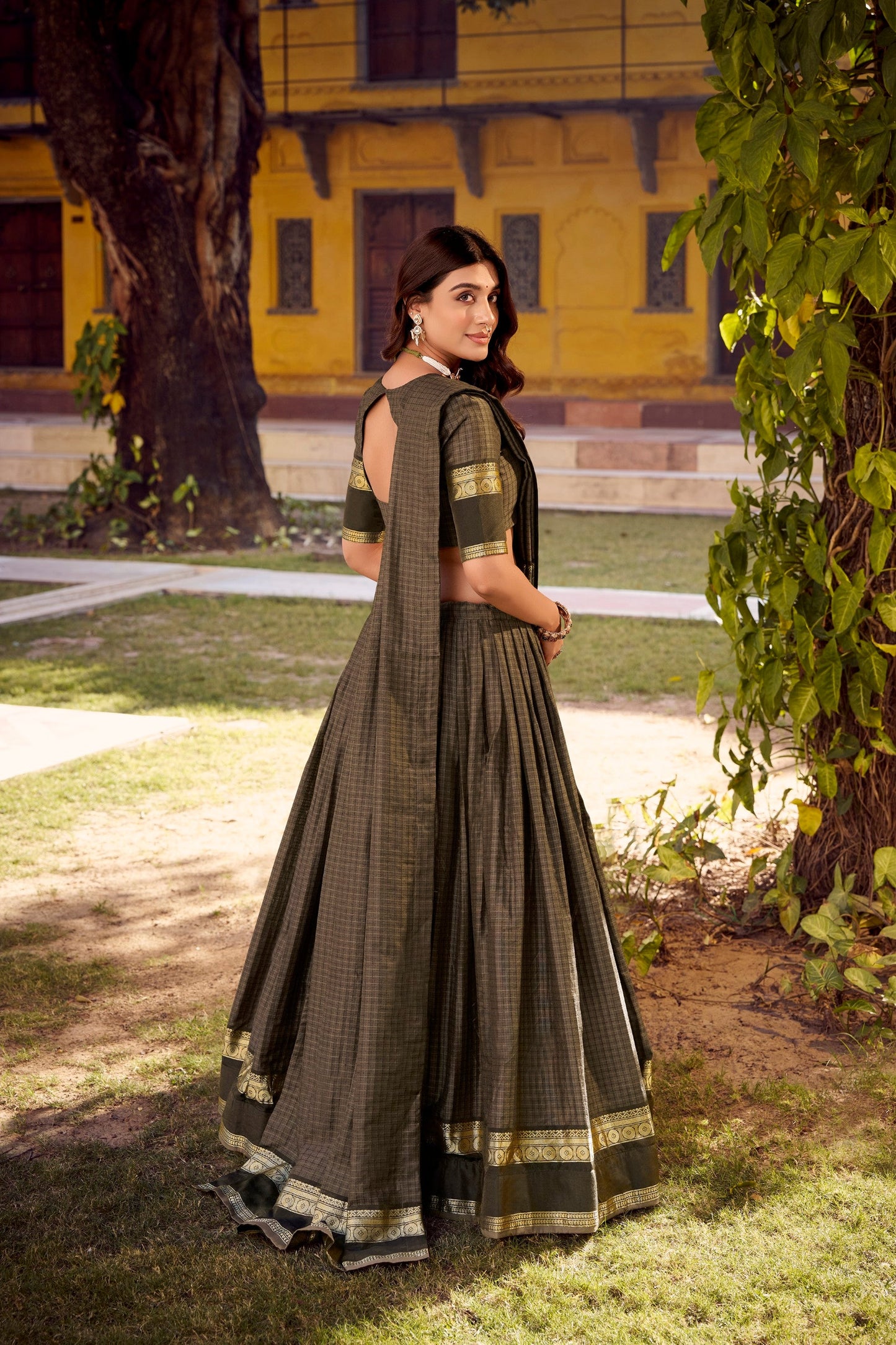 Lorenvalley Fashion Grey Chettinad Cotton Chex with Zari Weaving Work Lehenga Choli with Dupatta - Swadesiicart