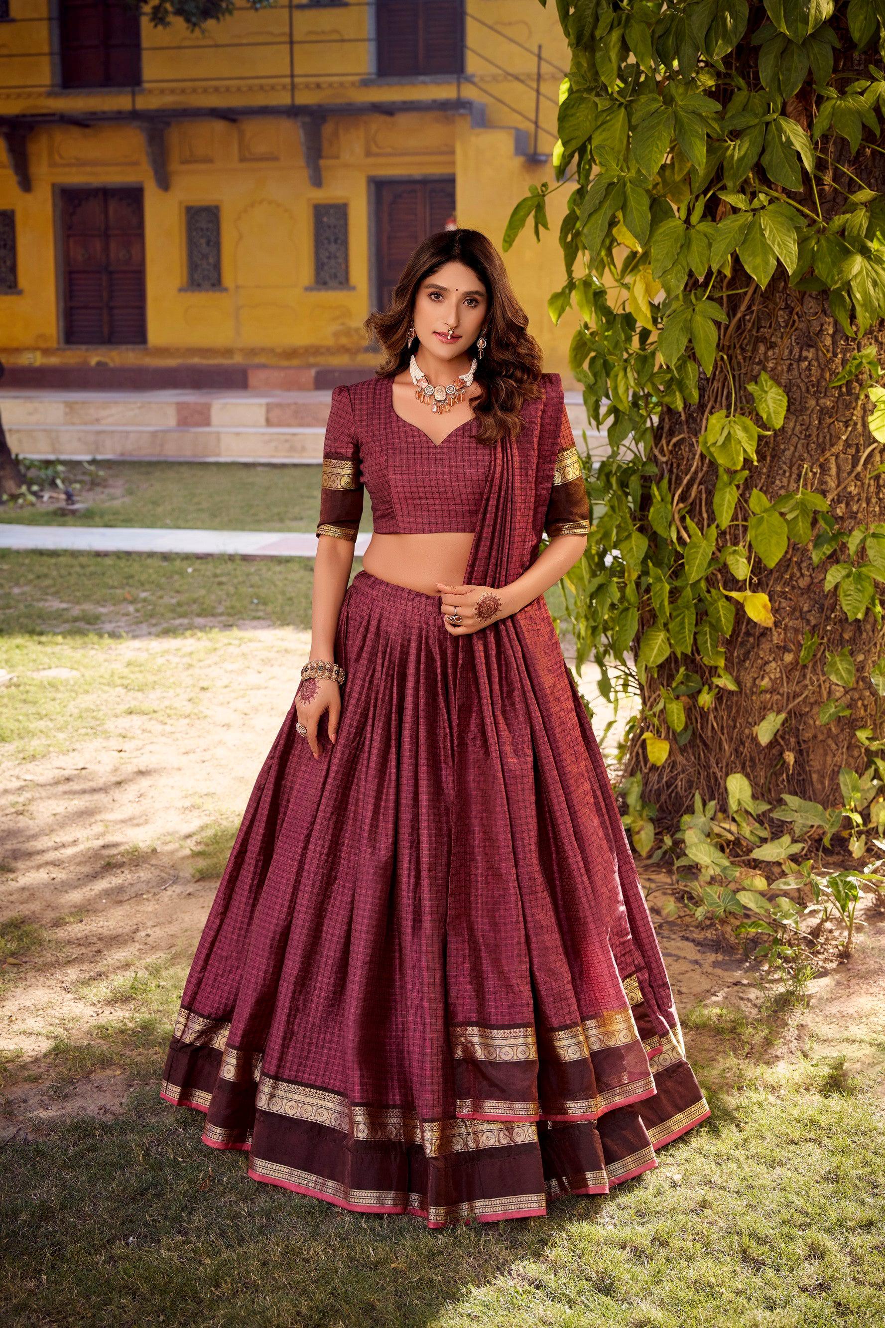 Lorenvalley Fashion Rust Chettinad Cotton Chex with Zari Weaving Work Lehenga Choli with Dupatta - Swadesiicart