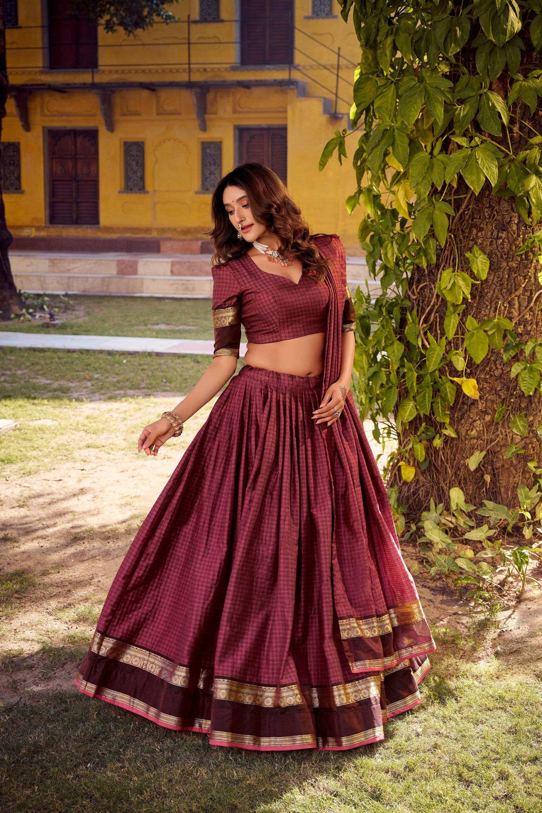 Lorenvalley Fashion Rust Chettinad Cotton Chex with Zari Weaving Work Lehenga Choli with Dupatta - Swadesiicart
