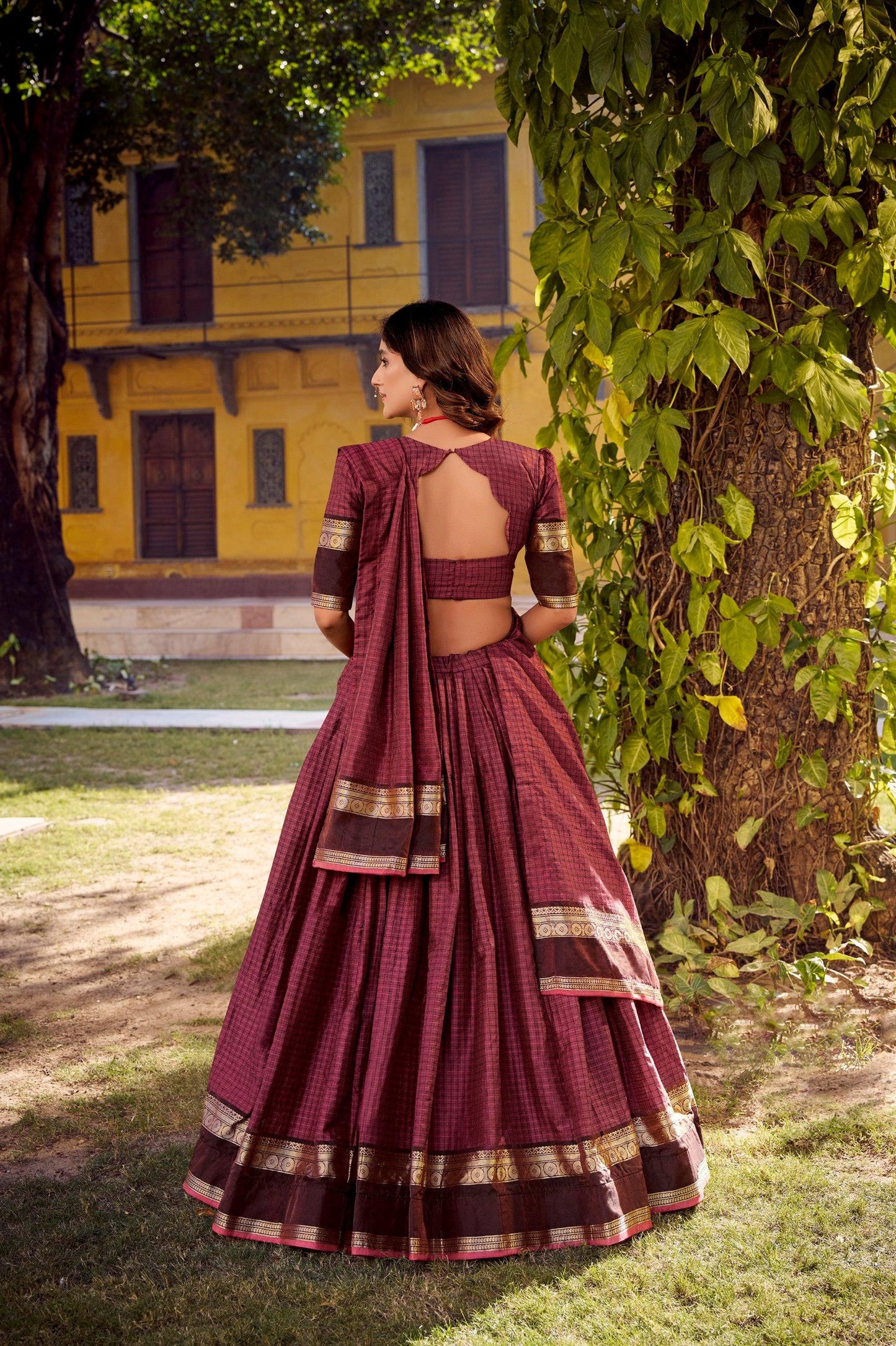 Lorenvalley Fashion Rust Chettinad Cotton Chex with Zari Weaving Work Lehenga Choli with Dupatta - Swadesiicart