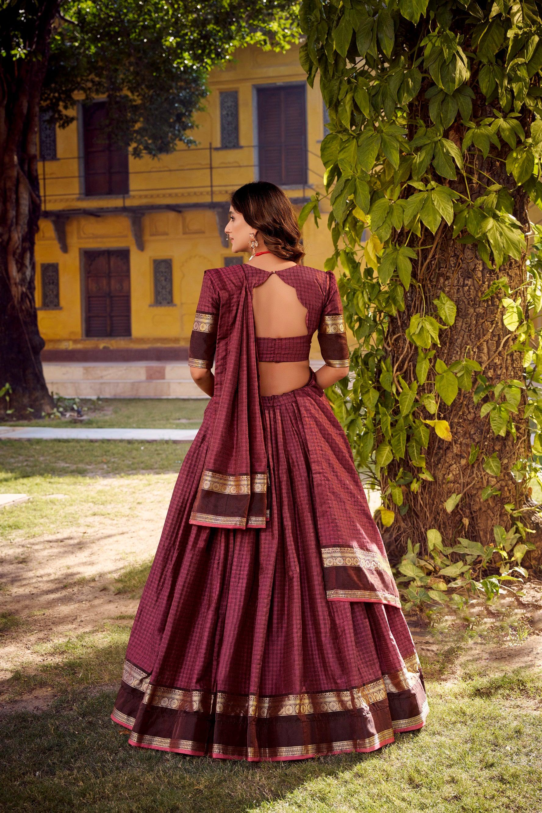 Lorenvalley Fashion Rust Chettinad Cotton Chex with Zari Weaving Work Lehenga Choli with Dupatta - Swadesiicart