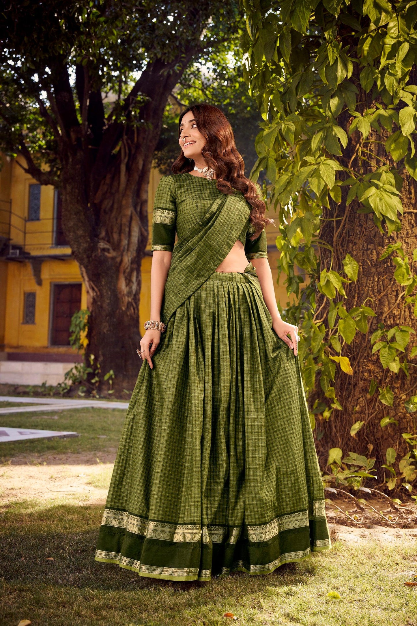 Lorenvalley Fashion Mehendi Chettinad Cotton Chex with Zari Weaving Work Lehenga Choli with Dupatta - Swadesiicart