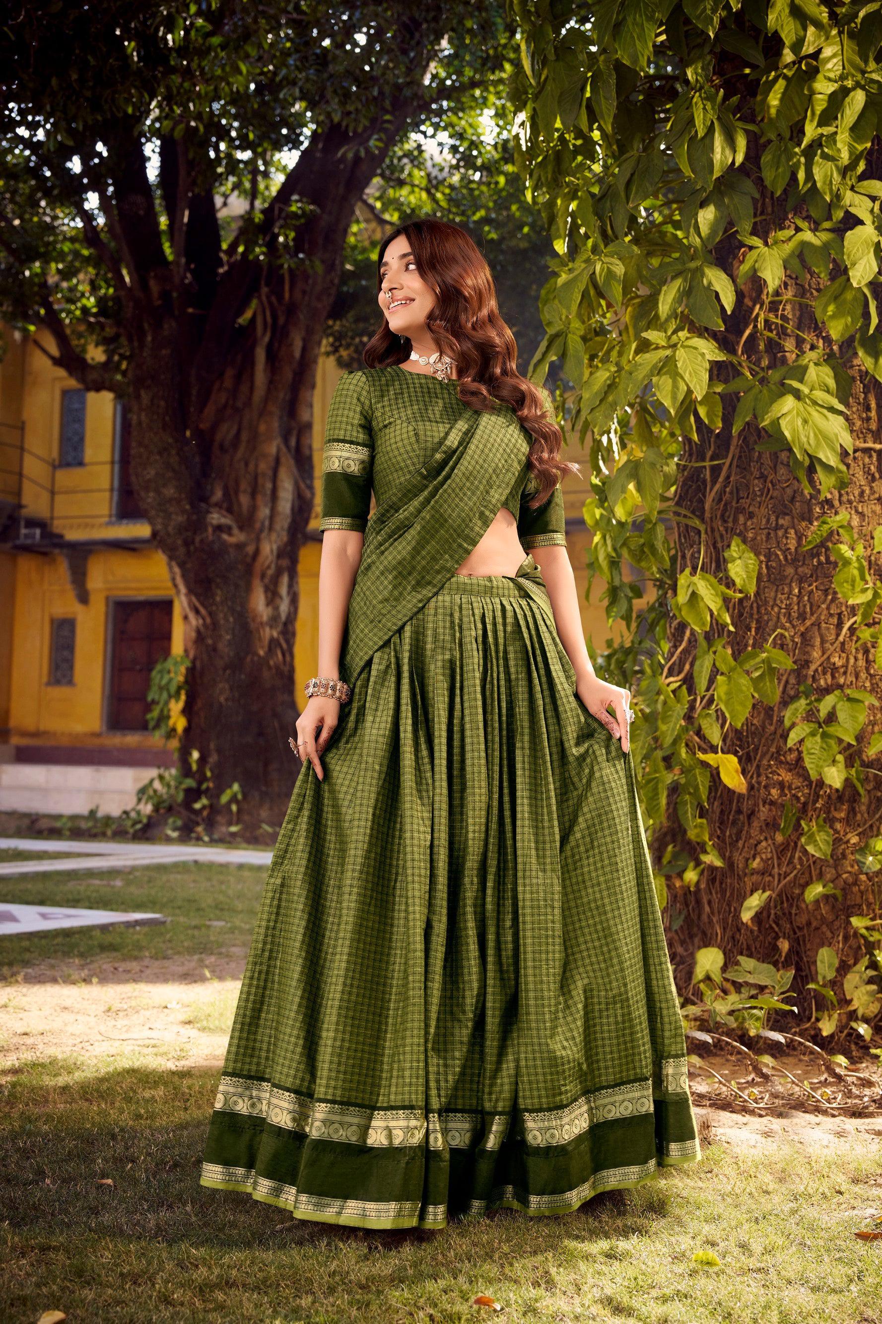 Lorenvalley Fashion Mehendi Chettinad Cotton Chex with Zari Weaving Work Lehenga Choli with Dupatta - Swadesiicart