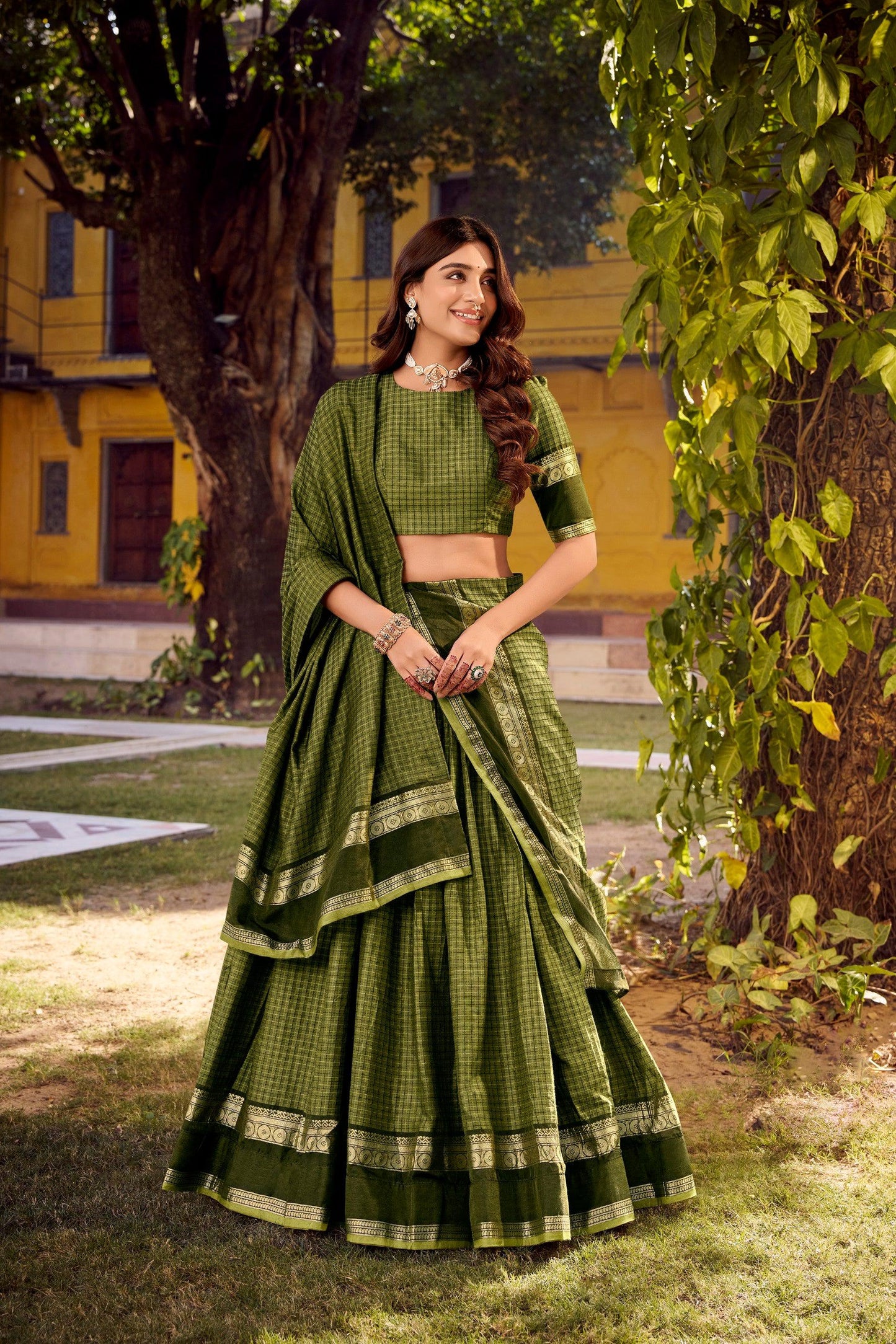 Lorenvalley Fashion Mehendi Chettinad Cotton Chex with Zari Weaving Work Lehenga Choli with Dupatta - Swadesiicart