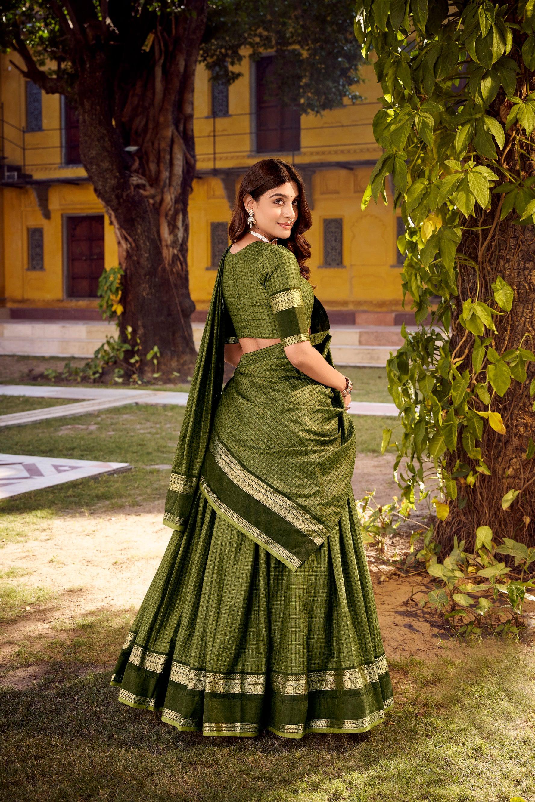 Lorenvalley Fashion Mehendi Chettinad Cotton Chex with Zari Weaving Work Lehenga Choli with Dupatta - Swadesiicart