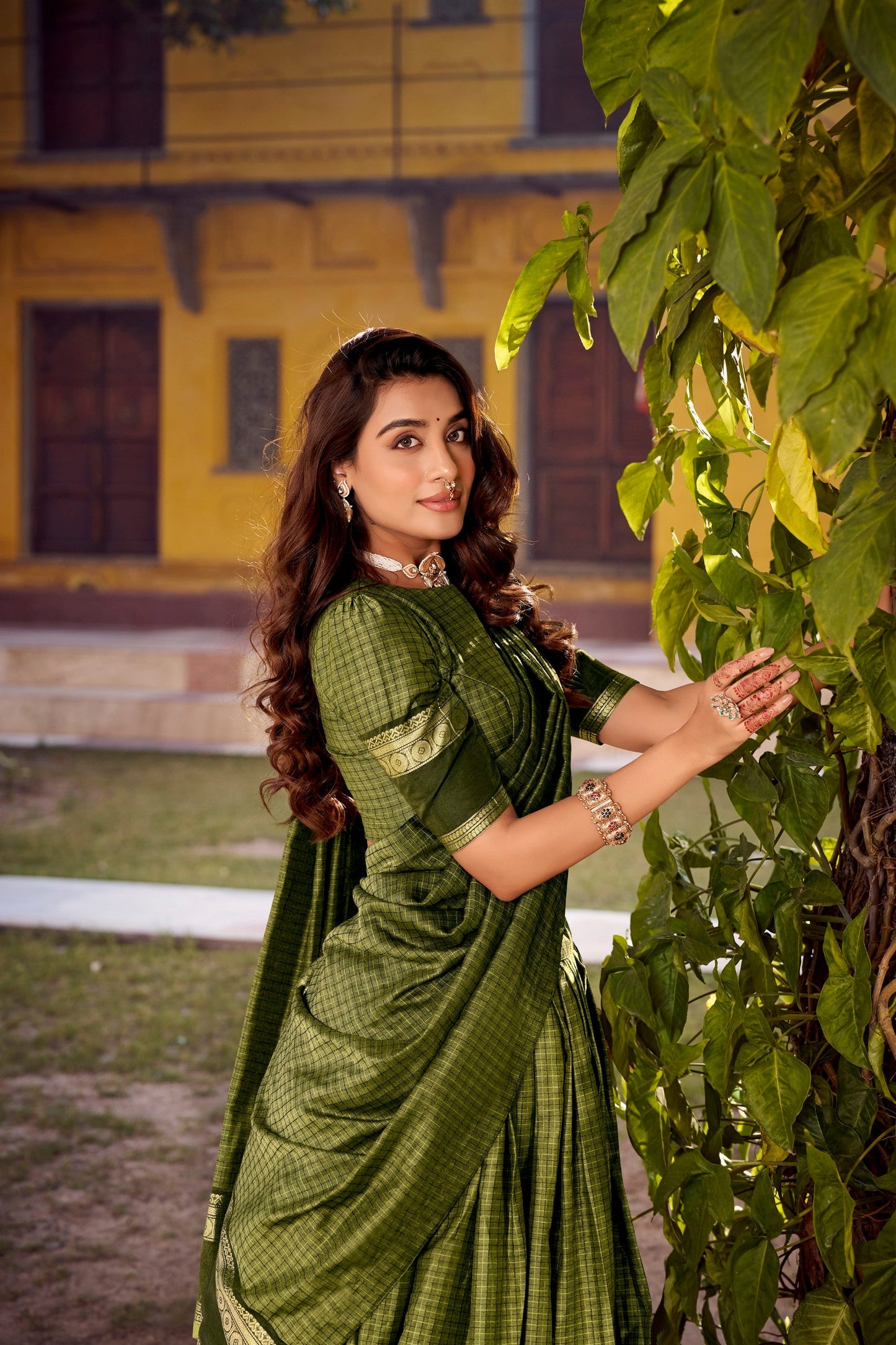 Lorenvalley Fashion Mehendi Chettinad Cotton Chex with Zari Weaving Work Lehenga Choli with Dupatta - Swadesiicart
