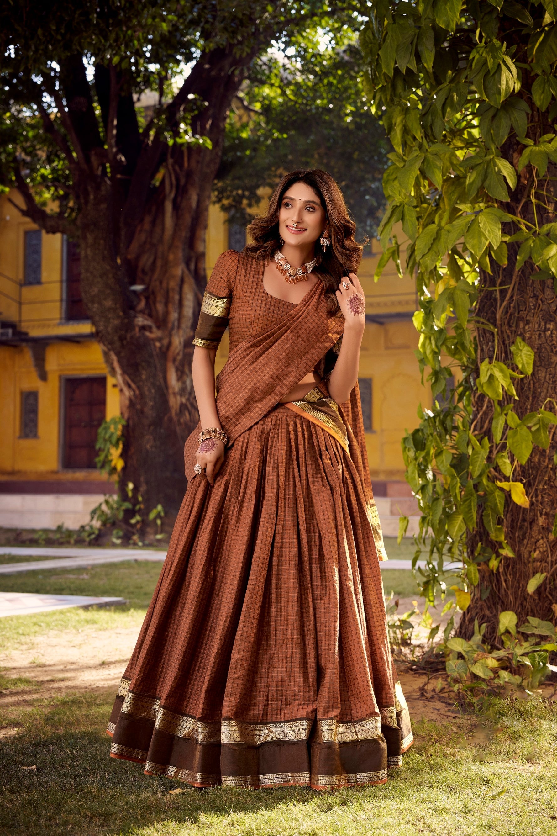 Lorenvalley Fashion Brown Chettinad Cotton Chex with Zari Weaving Work Lehenga Choli with Dupatta - Swadesiicart