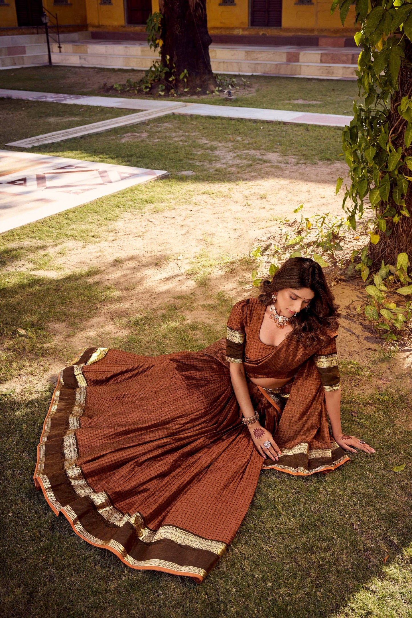 Lorenvalley Fashion Brown Chettinad Cotton Chex with Zari Weaving Work Lehenga Choli with Dupatta - Swadesiicart