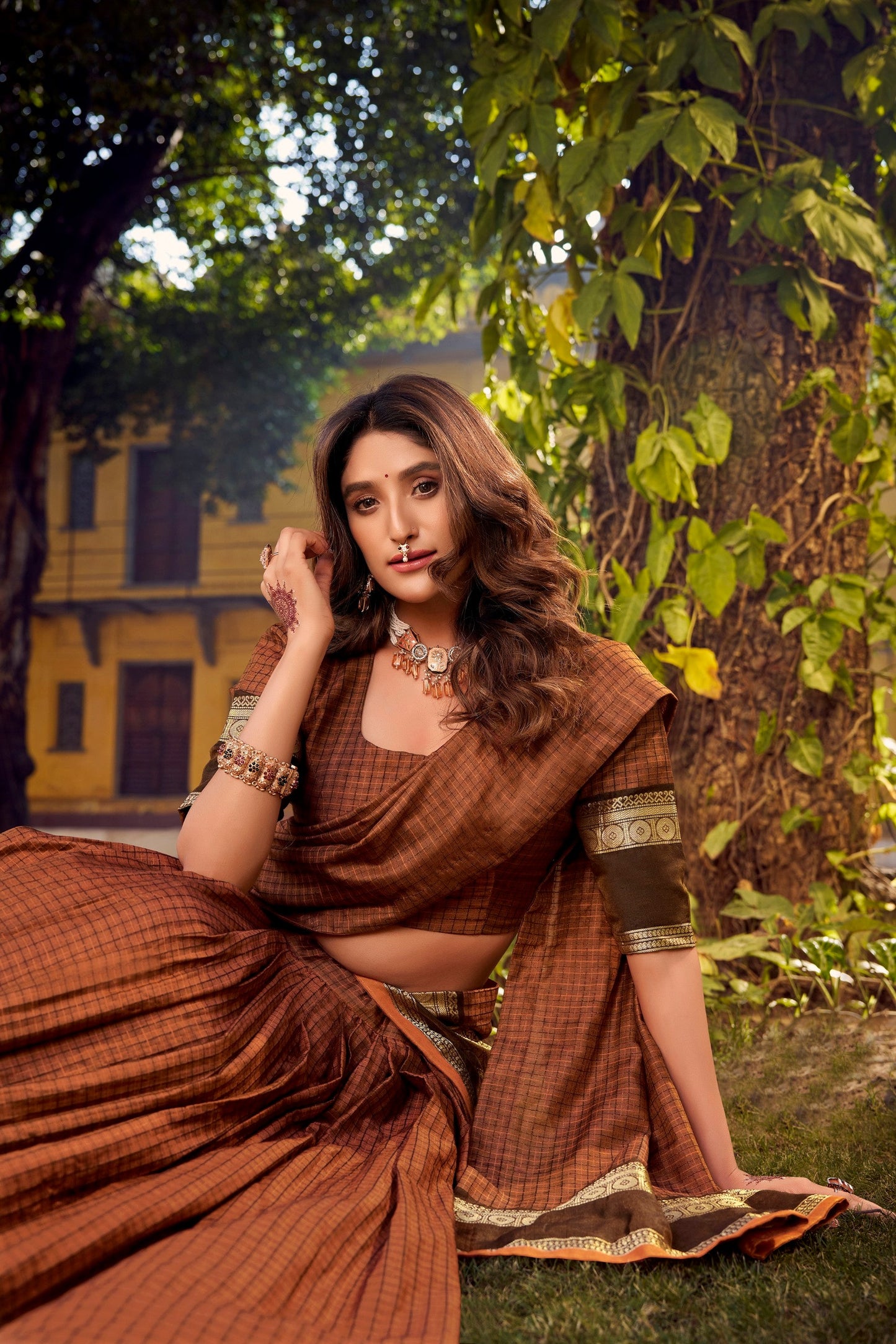 Lorenvalley Fashion Brown Chettinad Cotton Chex with Zari Weaving Work Lehenga Choli with Dupatta - Swadesiicart