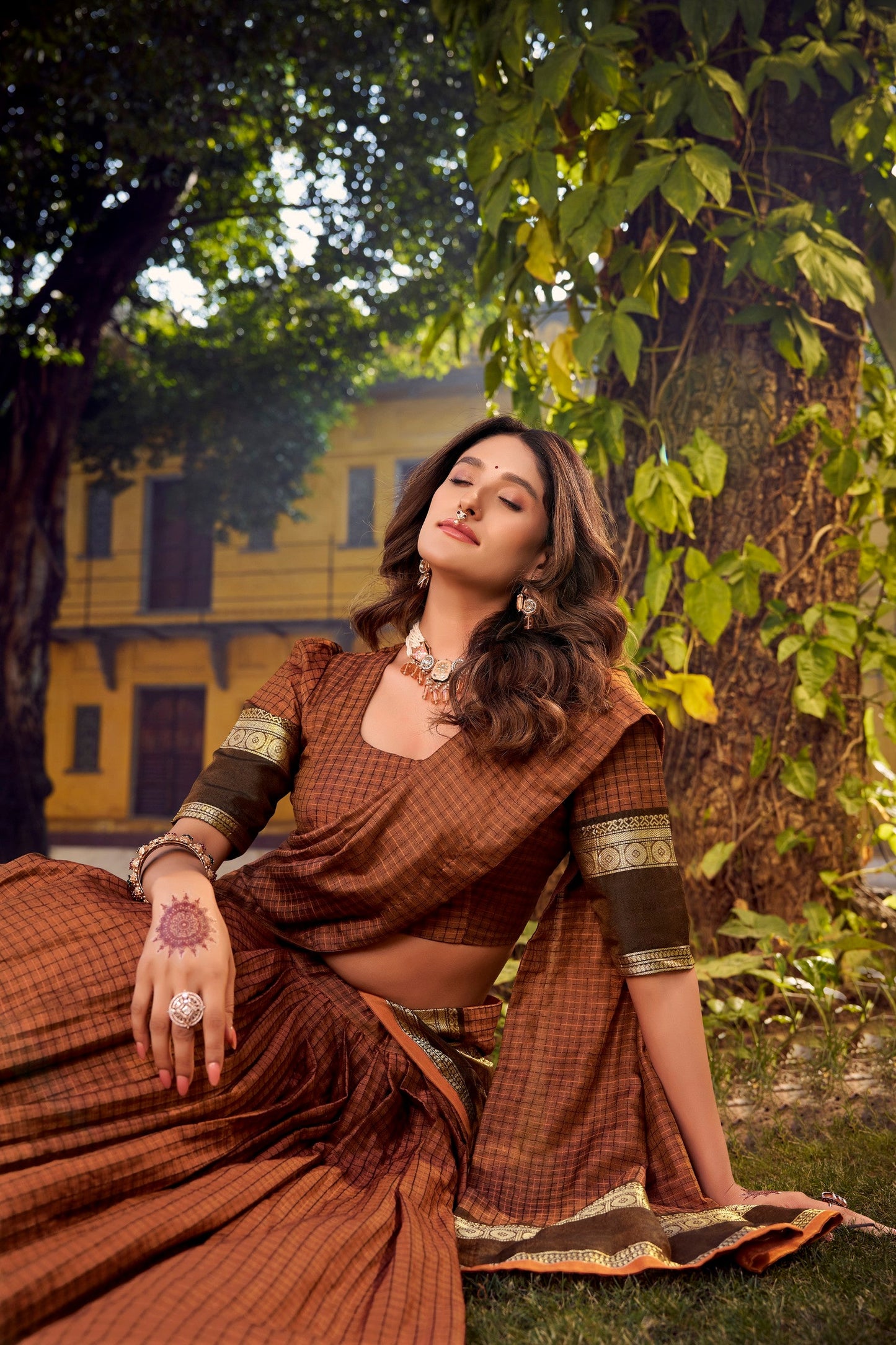 Lorenvalley Fashion Brown Chettinad Cotton Chex with Zari Weaving Work Lehenga Choli with Dupatta - Swadesiicart
