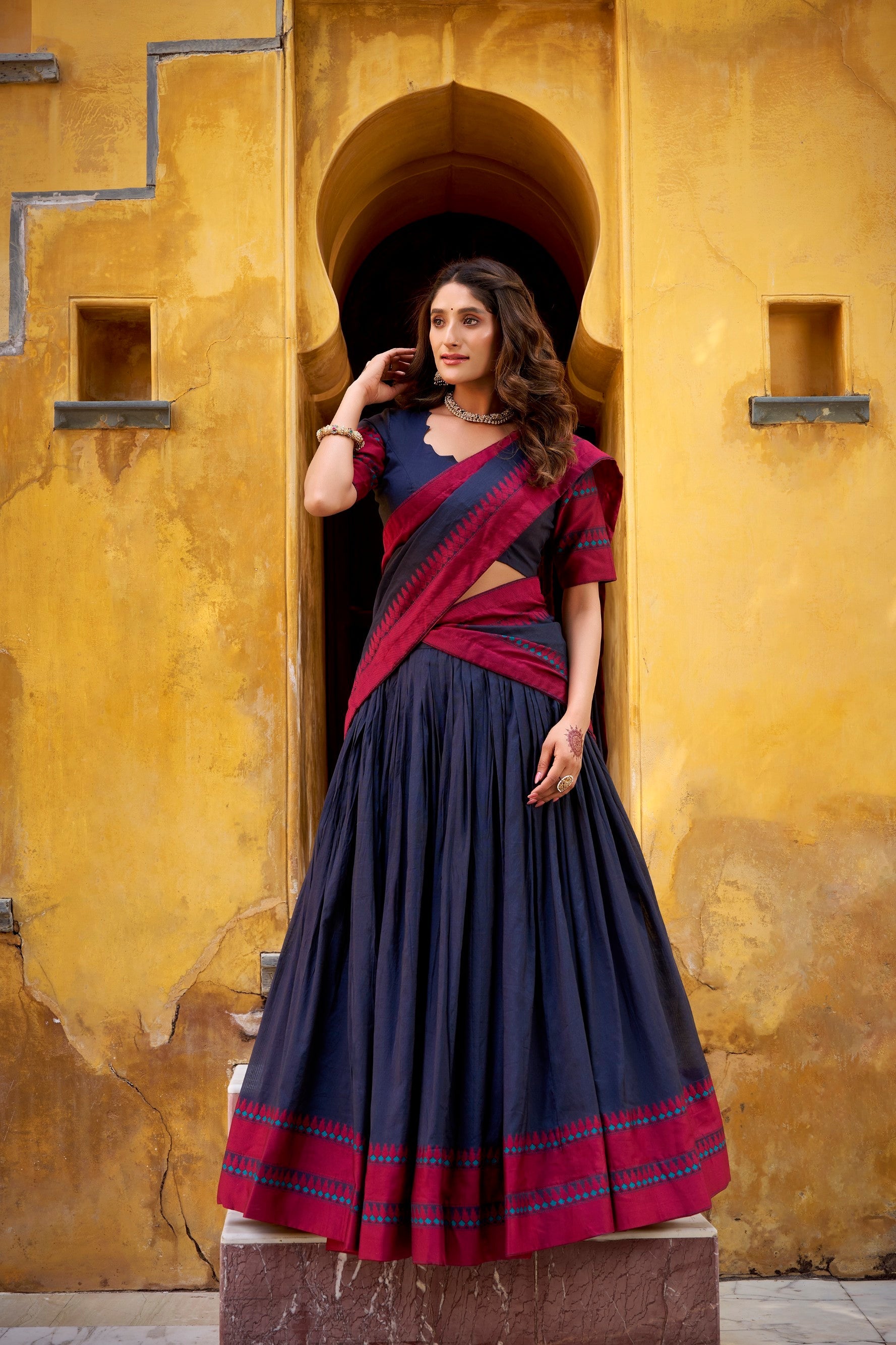 Lorenvalley Fashion Navy Blue Pure Chanderi Thread Work Lehenga Choli with Dupatta - Swadesiicart