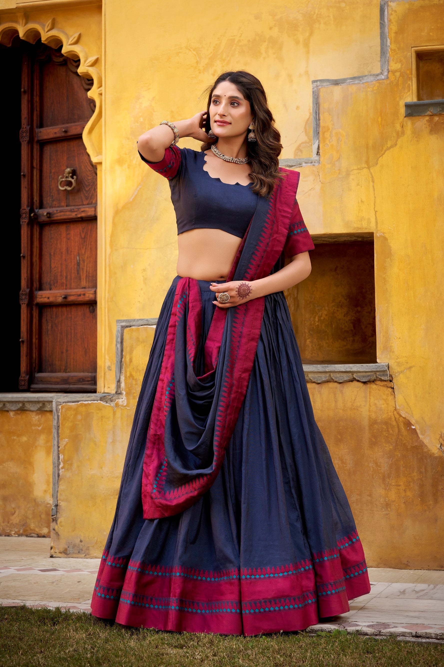 Lorenvalley Fashion Navy Blue Pure Chanderi Thread Work Lehenga Choli with Dupatta - Swadesiicart