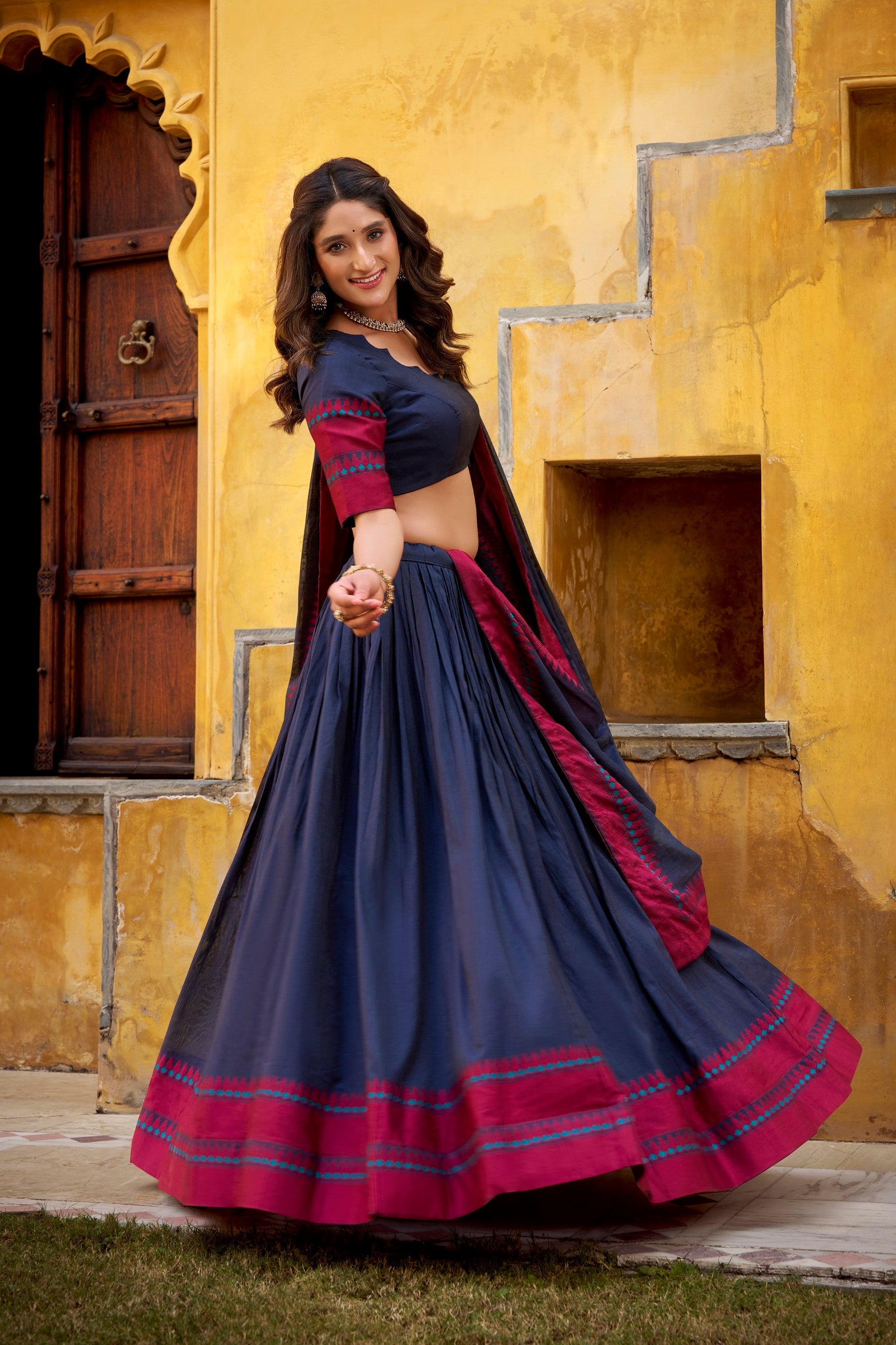 Lorenvalley Fashion Navy Blue Pure Chanderi Thread Work Lehenga Choli with Dupatta - Swadesiicart