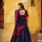 Lorenvalley Fashion Navy Blue Pure Chanderi Thread Work Lehenga Choli with Dupatta - Swadesiicart