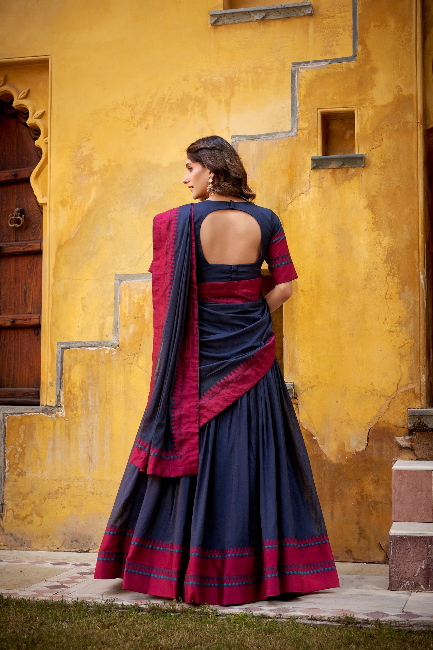 Lorenvalley Fashion Navy Blue Pure Chanderi Thread Work Lehenga Choli with Dupatta - Swadesiicart