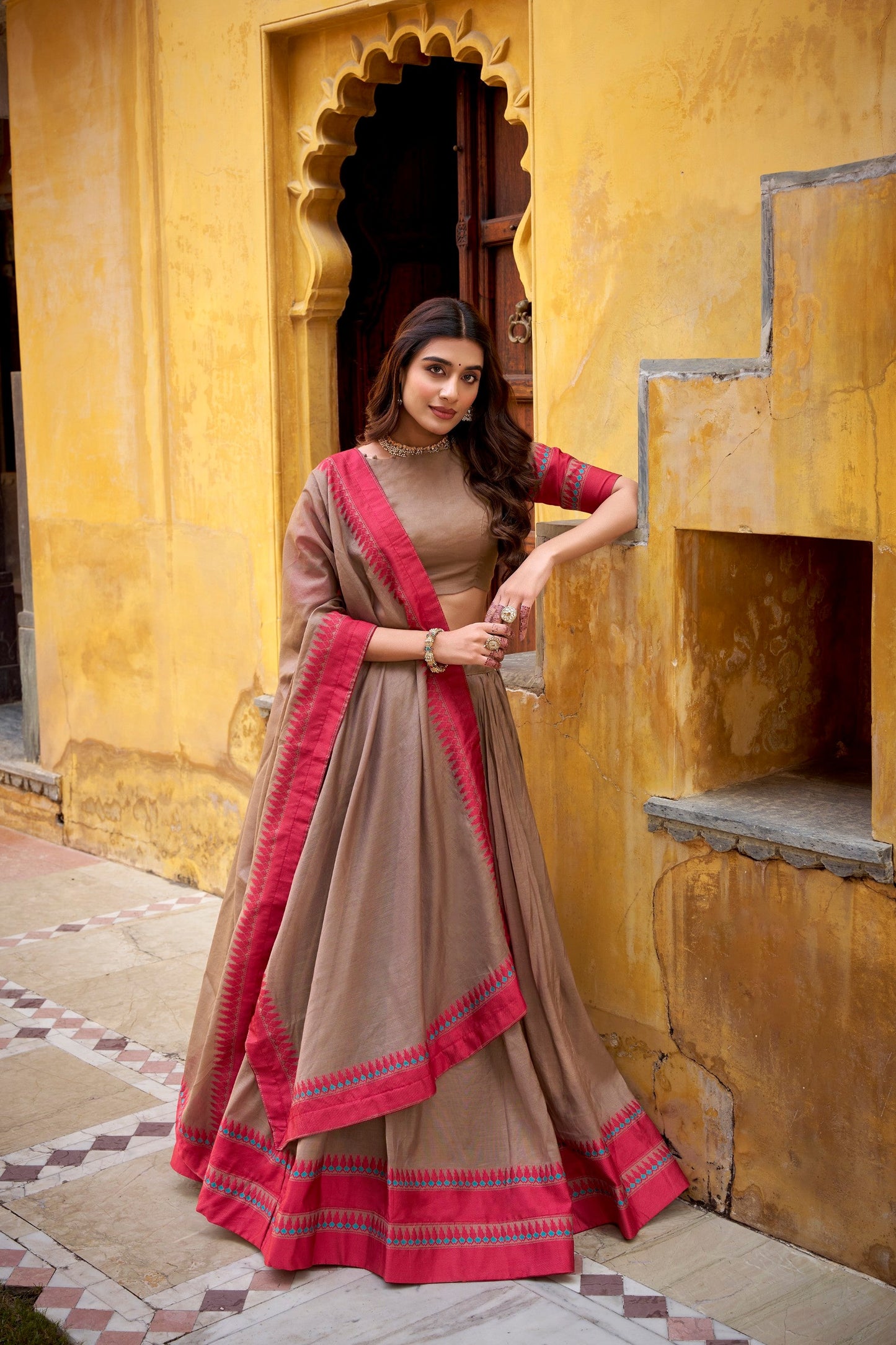 Lorenvalley Fashion Chiku Pure Chanderi Thread Work Lehenga Choli with Dupatta - Swadesiicart