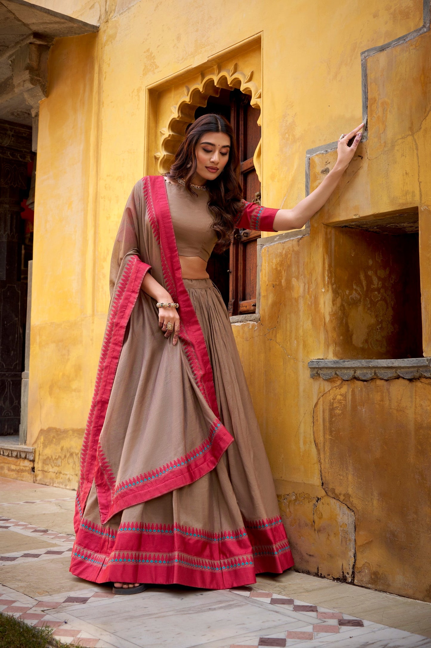Lorenvalley Fashion Chiku Pure Chanderi Thread Work Lehenga Choli with Dupatta - Swadesiicart