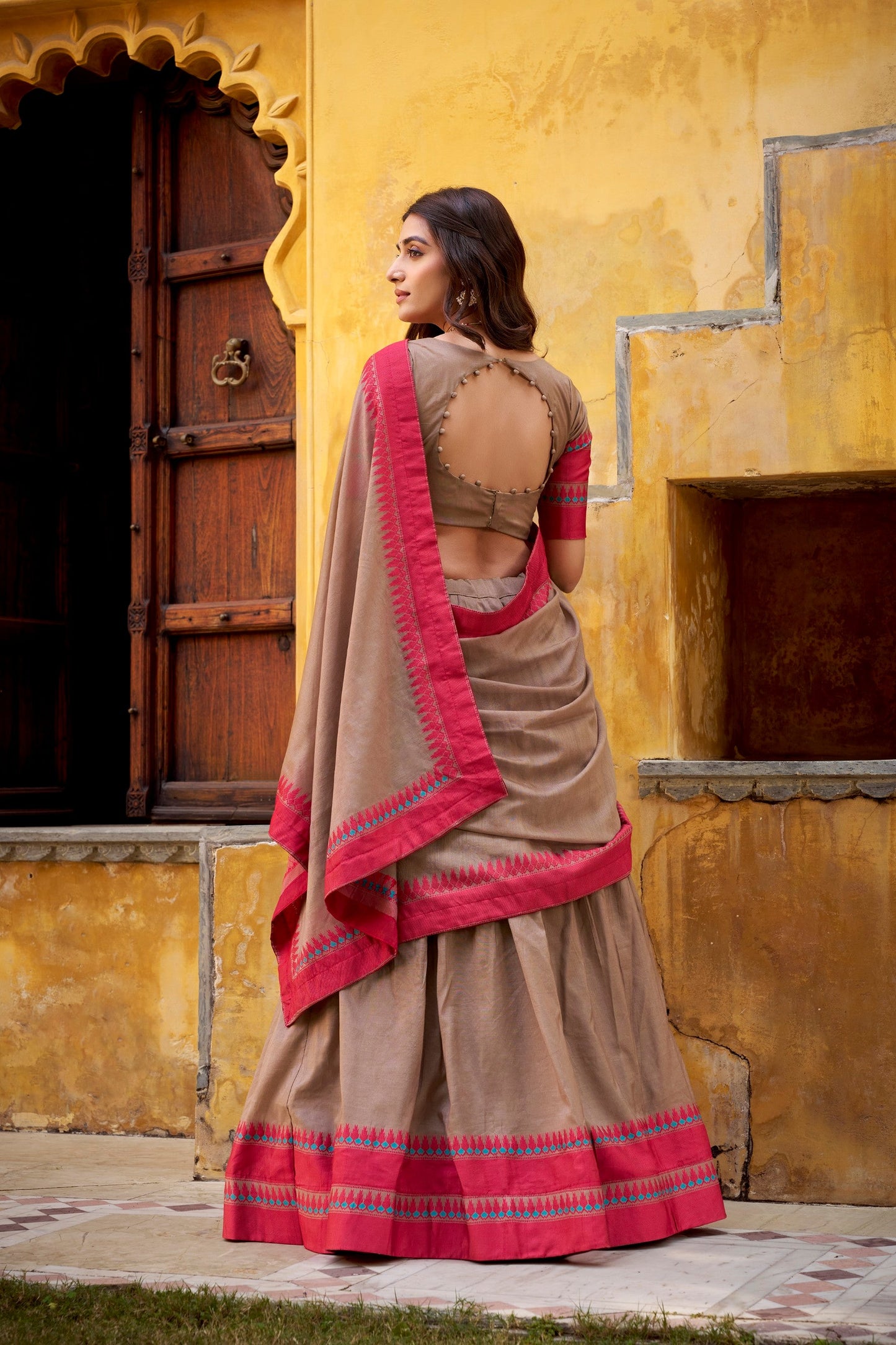 Lorenvalley Fashion Chiku Pure Chanderi Thread Work Lehenga Choli with Dupatta - Swadesiicart