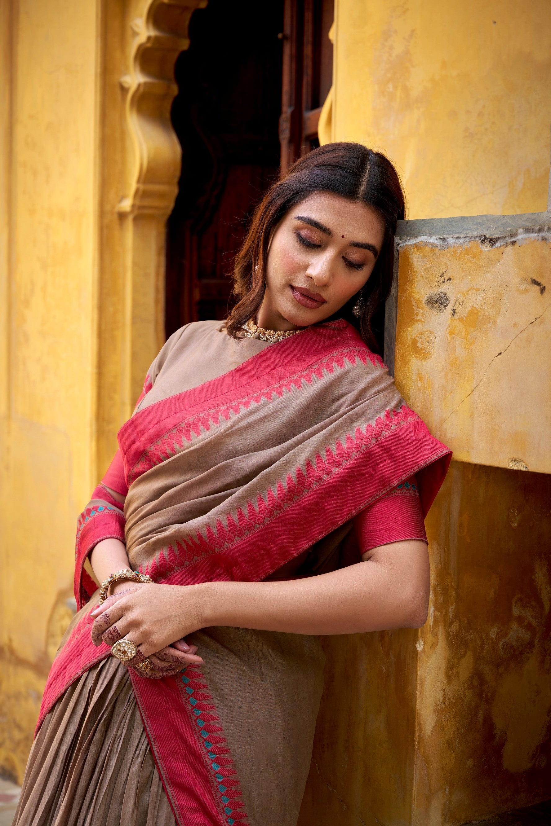 Lorenvalley Fashion Chiku Pure Chanderi Thread Work Lehenga Choli with Dupatta - Swadesiicart