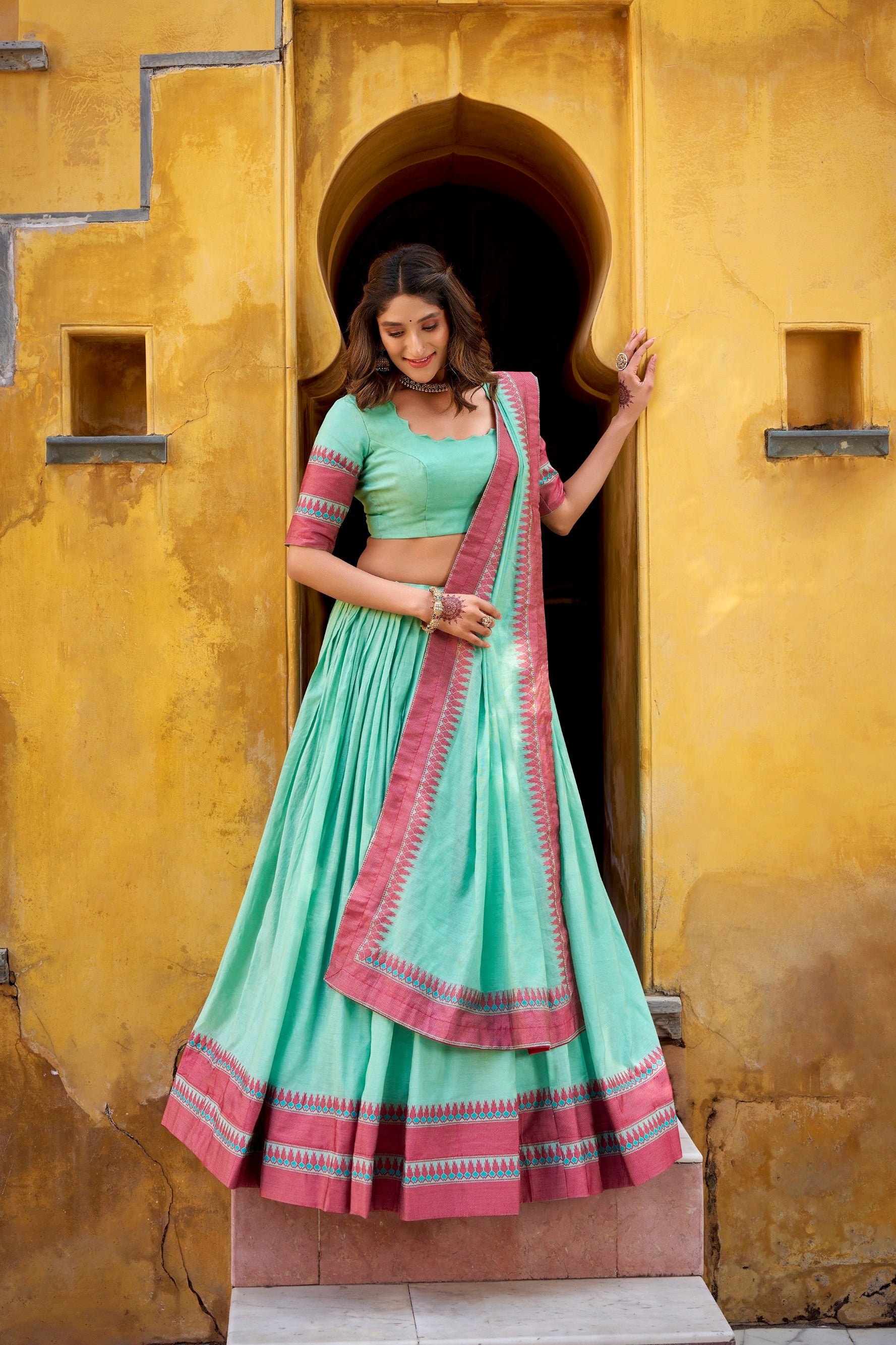 Lorenvalley Fashion Skyblue Pure Chanderi Thread Work Lehenga Choli with Dupatta - Swadesiicart