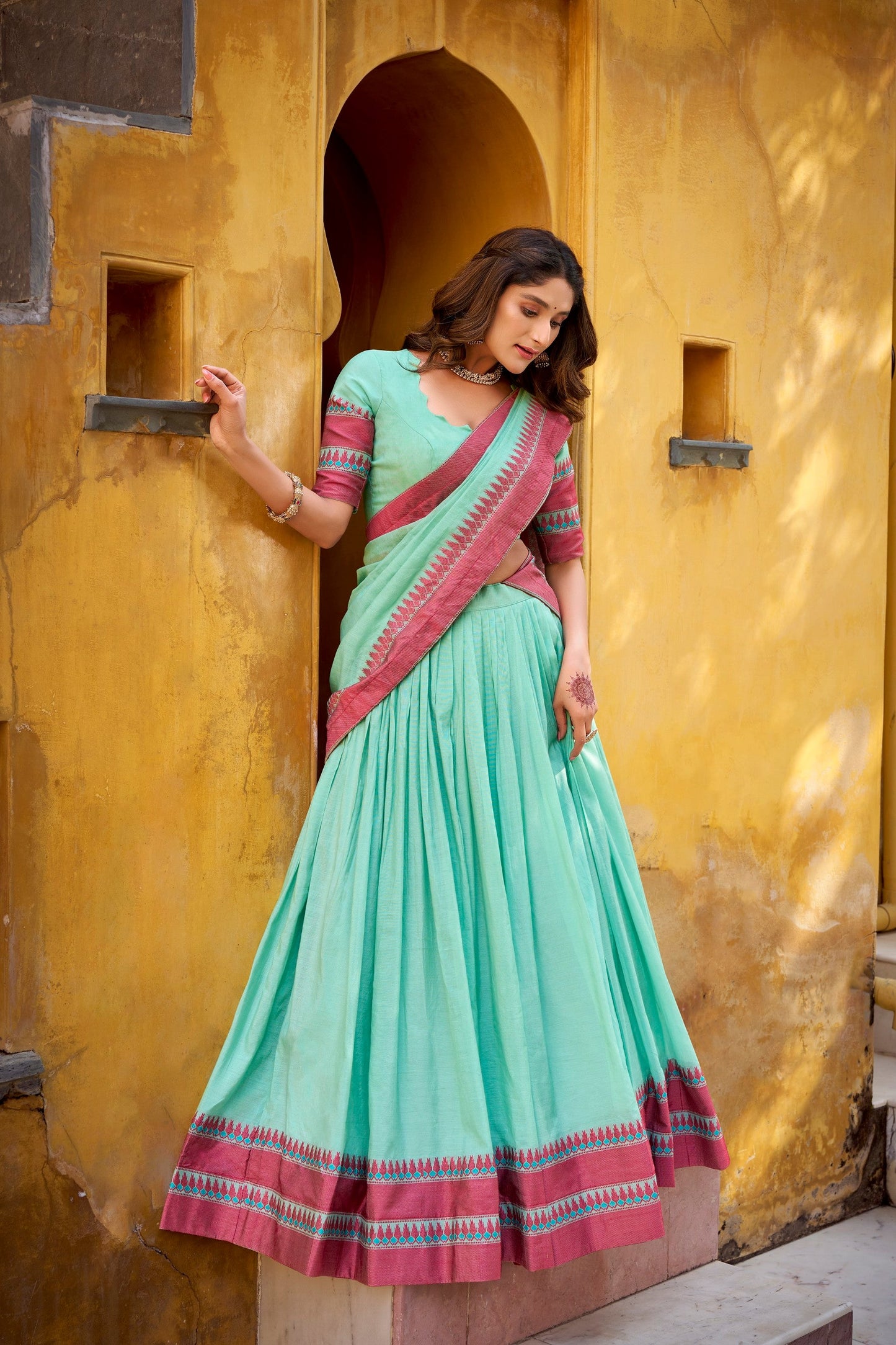 Lorenvalley Fashion Skyblue Pure Chanderi Thread Work Lehenga Choli with Dupatta - Swadesiicart