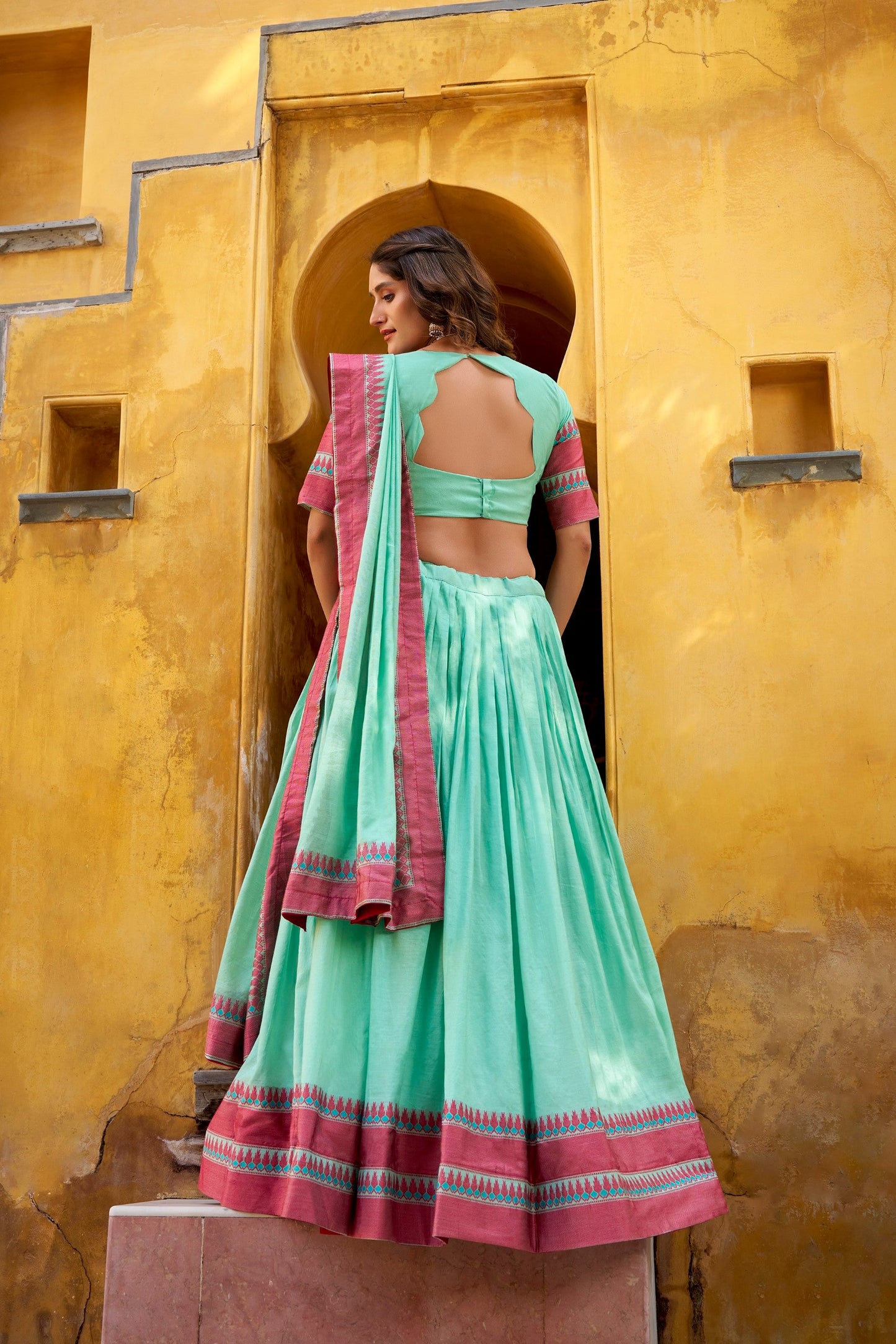 Lorenvalley Fashion Skyblue Pure Chanderi Thread Work Lehenga Choli with Dupatta - Swadesiicart