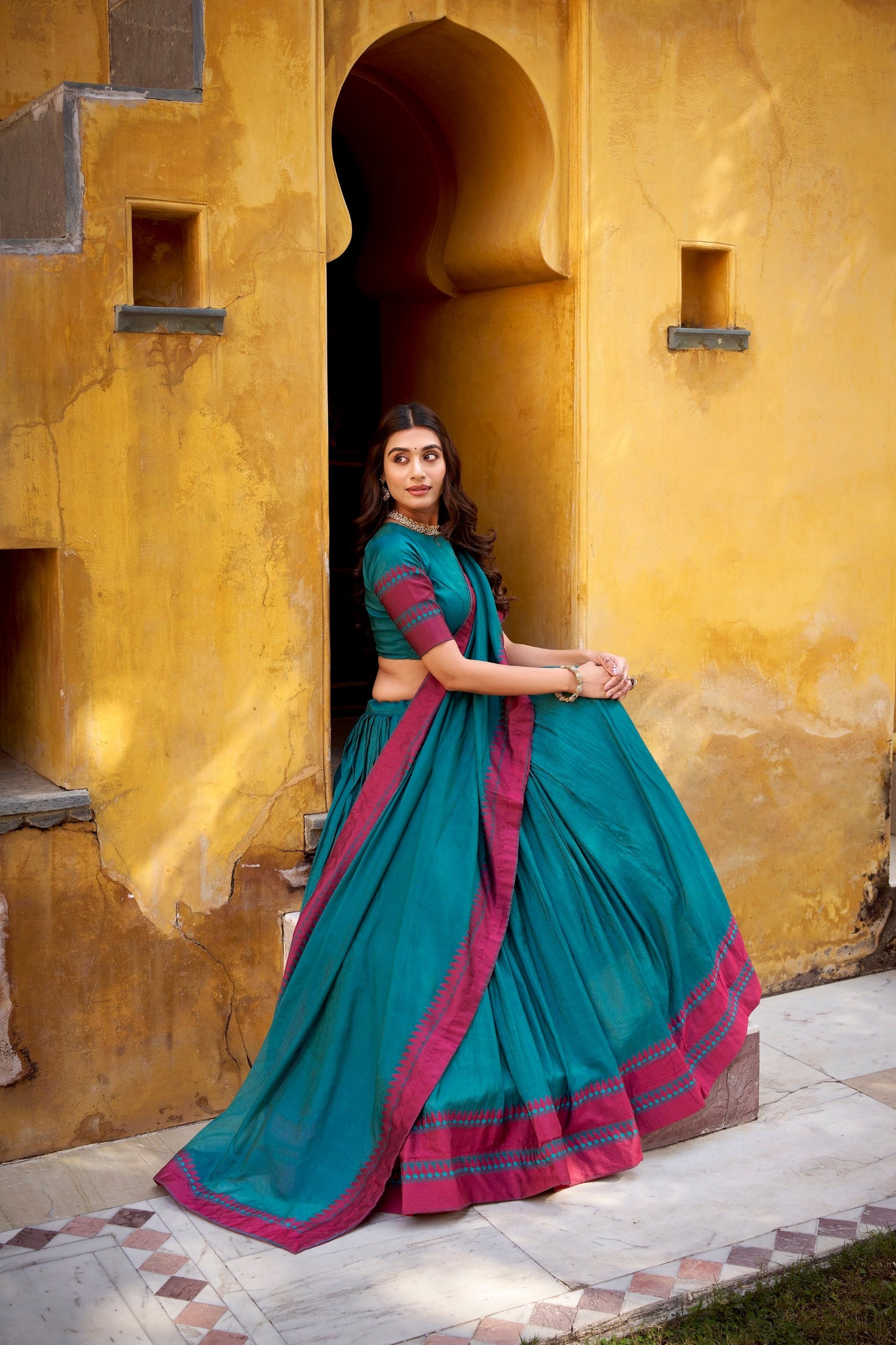 Lorenvalley Fashion Teal Pure Chanderi Thread Work Lehenga Choli with Dupatta - Swadesiicart