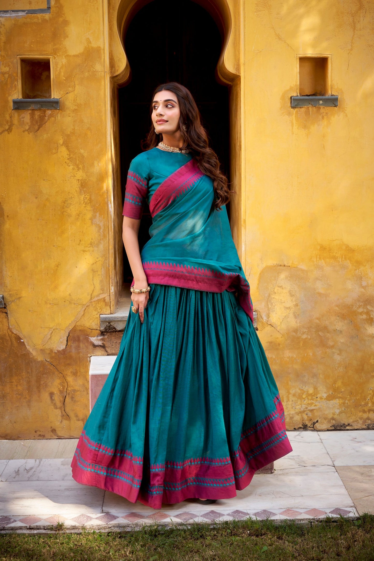 Lorenvalley Fashion Teal Pure Chanderi Thread Work Lehenga Choli with Dupatta - Swadesiicart