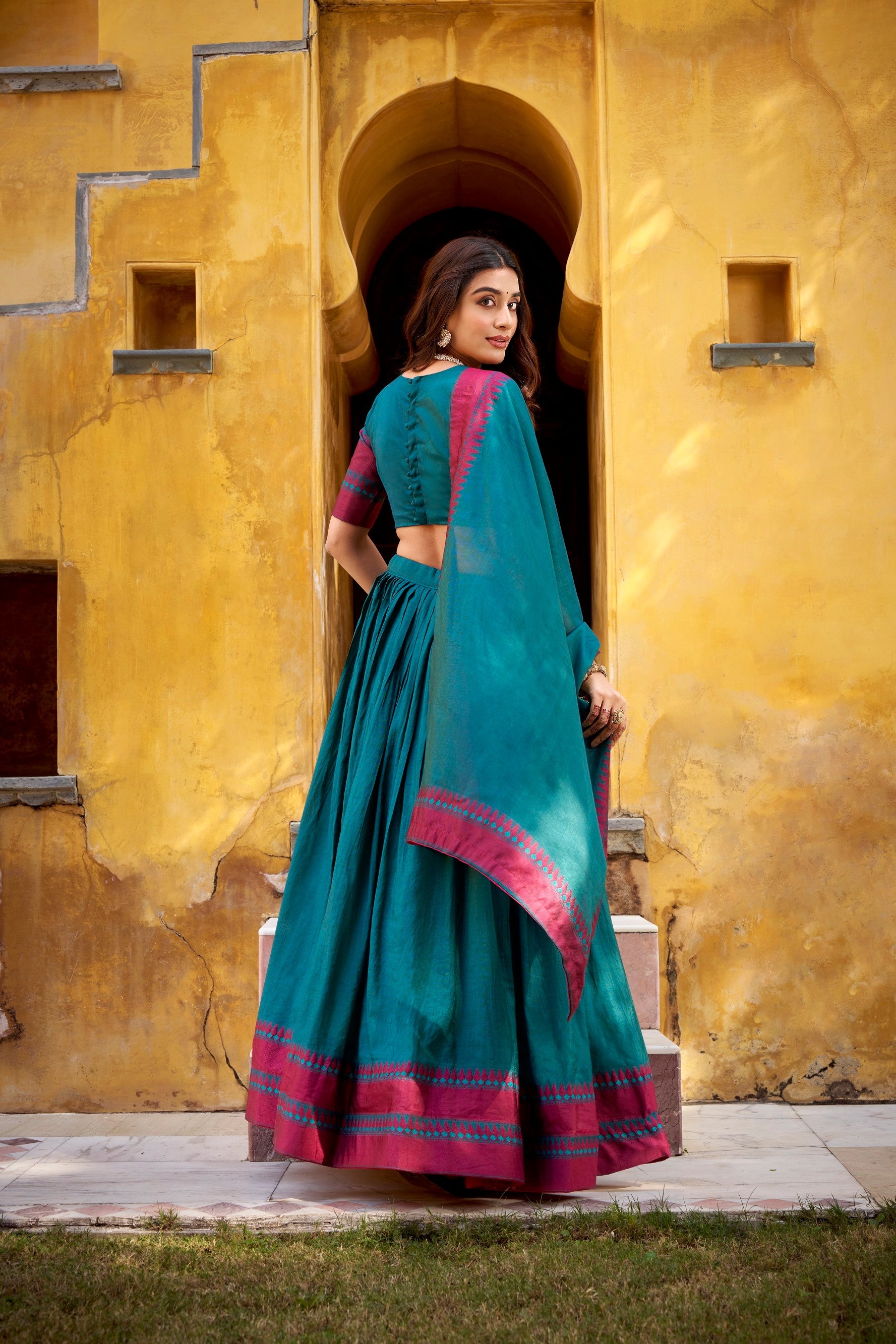 Lorenvalley Fashion Teal Pure Chanderi Thread Work Lehenga Choli with Dupatta - Swadesiicart