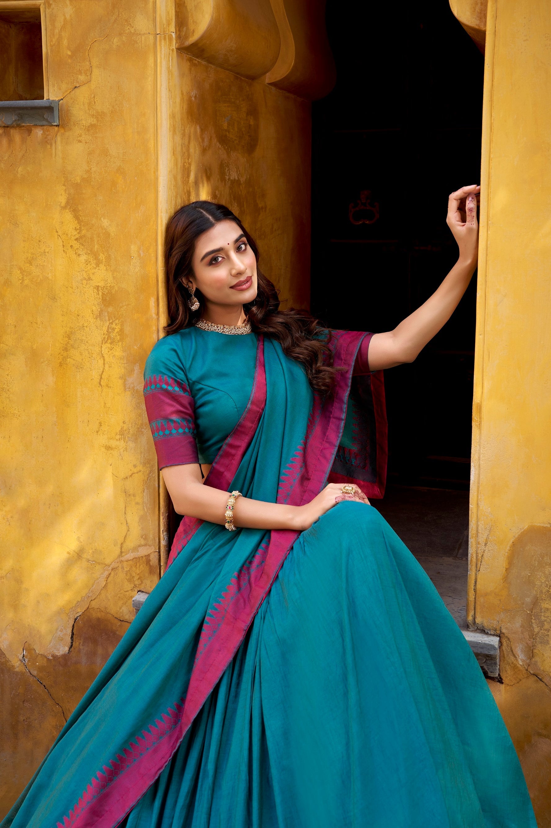 Lorenvalley Fashion Teal Pure Chanderi Thread Work Lehenga Choli with Dupatta - Swadesiicart
