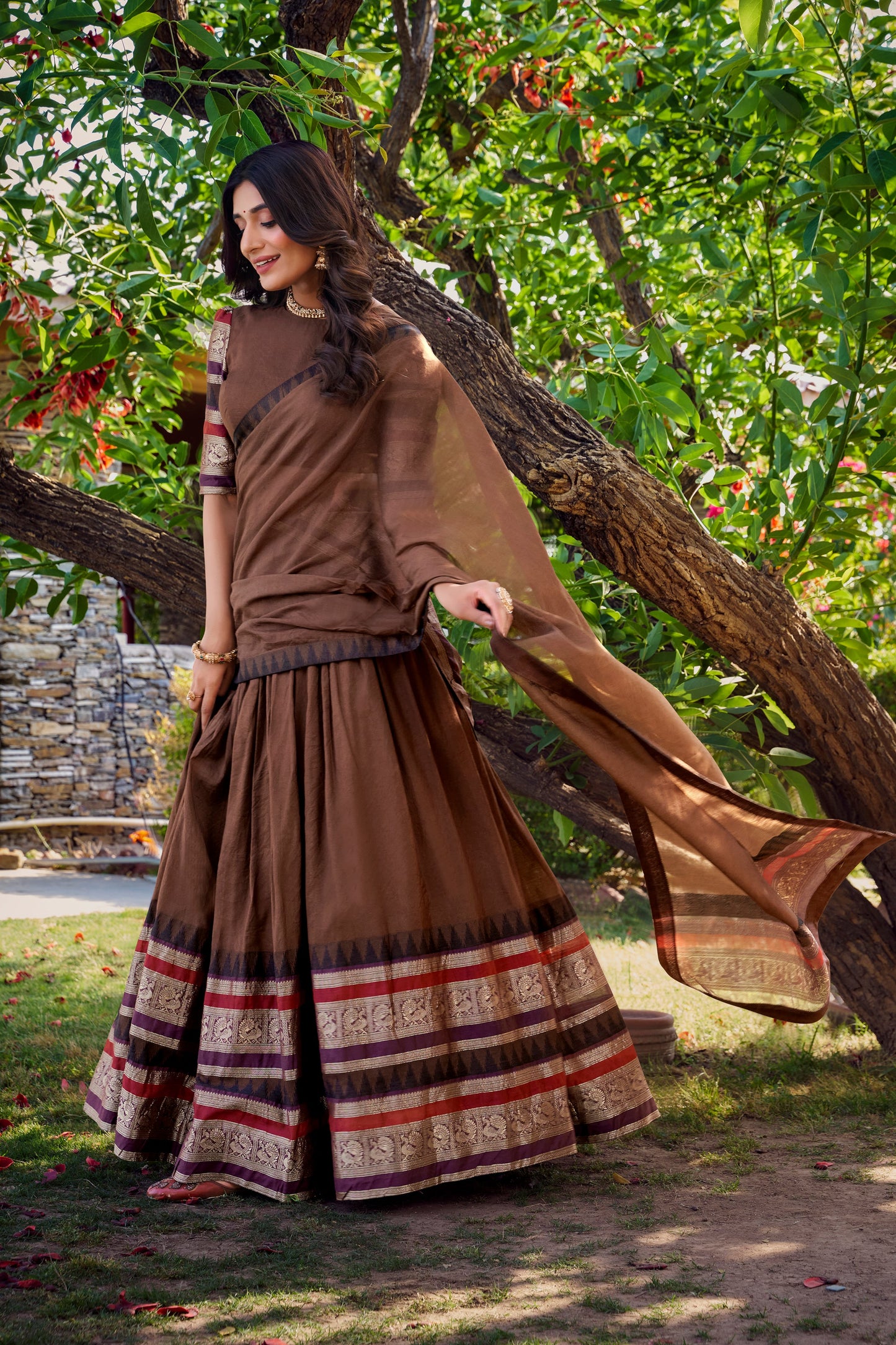 Lorenvalley Brown Pure Chanderi Plain With Zari Weaving Work Border Lehenga Choli with Dupatta | Swadesiicart