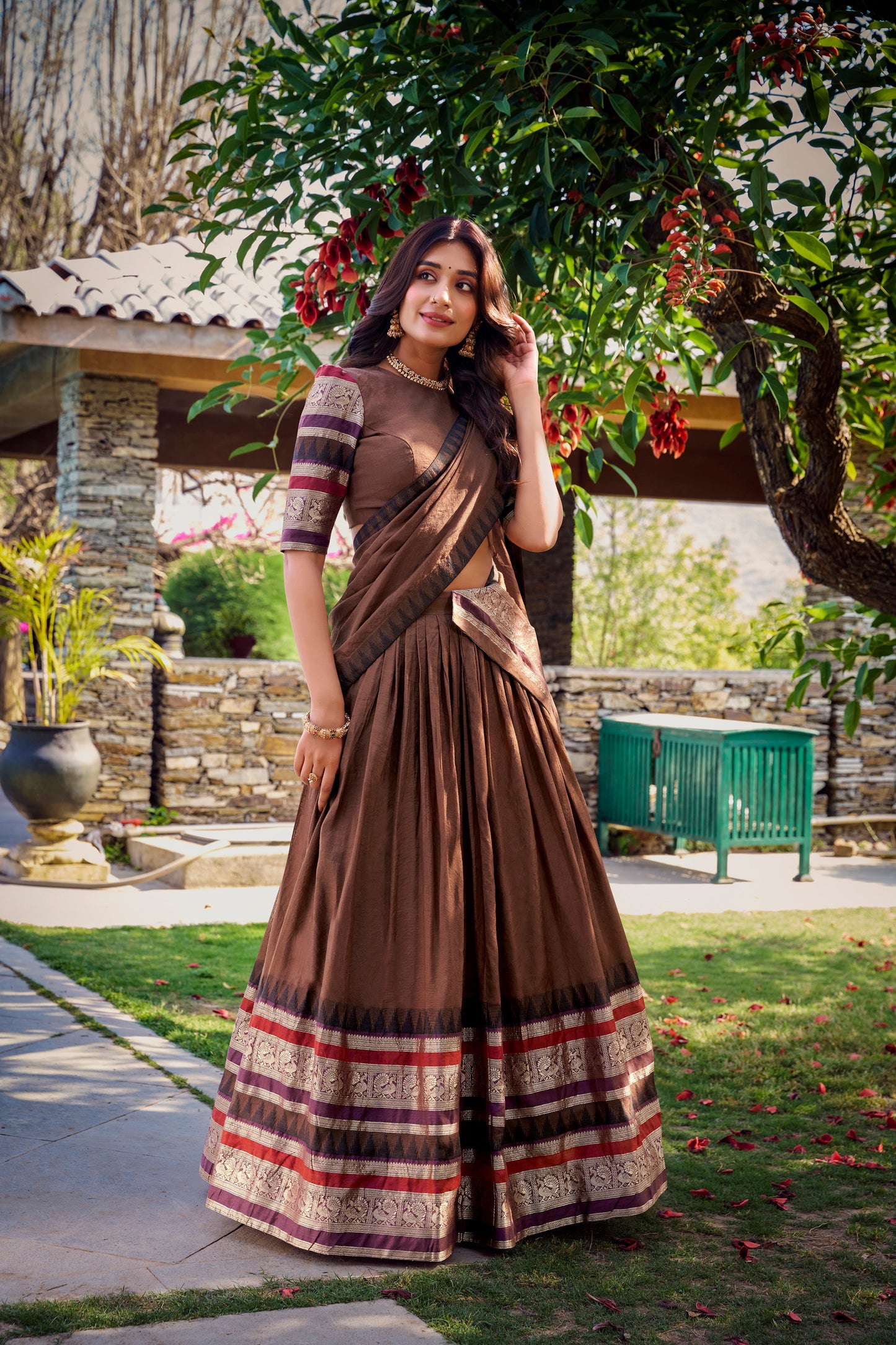 Lorenvalley Brown Pure Chanderi Plain With Zari Weaving Work Border Lehenga Choli with Dupatta | Swadesiicart