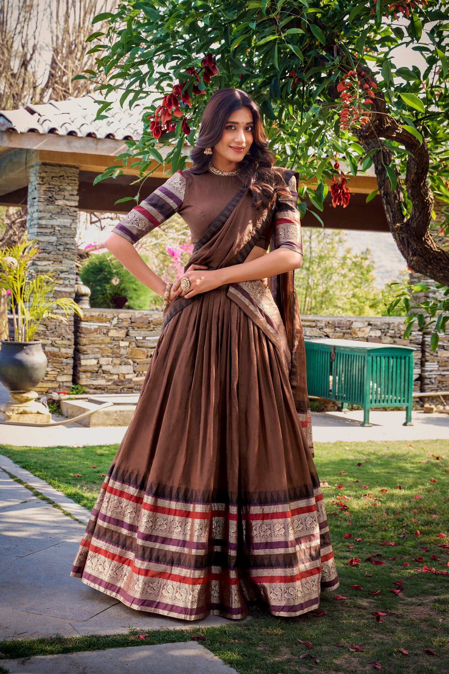 Lorenvalley Brown Pure Chanderi Plain With Zari Weaving Work Border Lehenga Choli with Dupatta | Swadesiicart