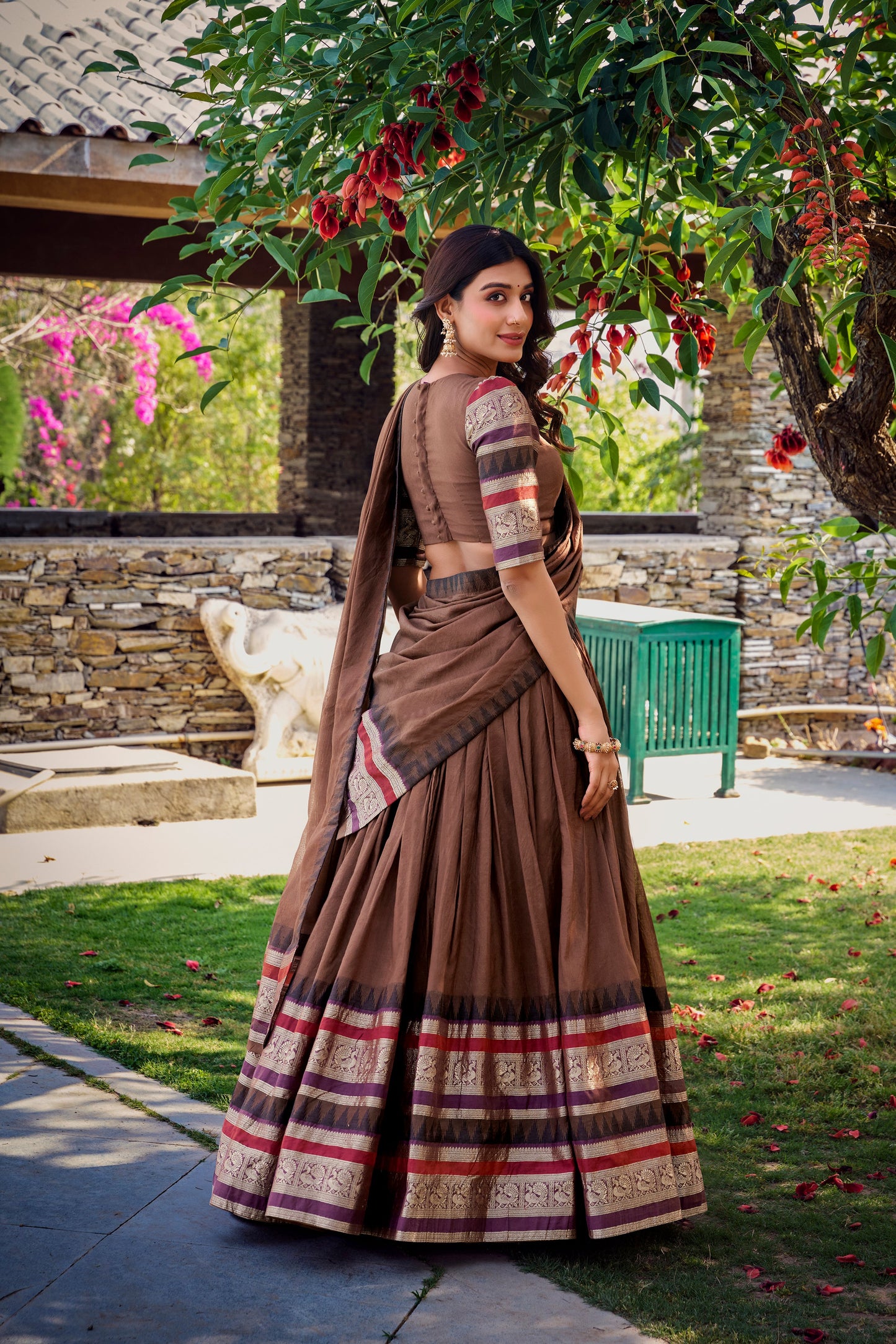 Lorenvalley Brown Pure Chanderi Plain With Zari Weaving Work Border Lehenga Choli with Dupatta | Swadesiicart