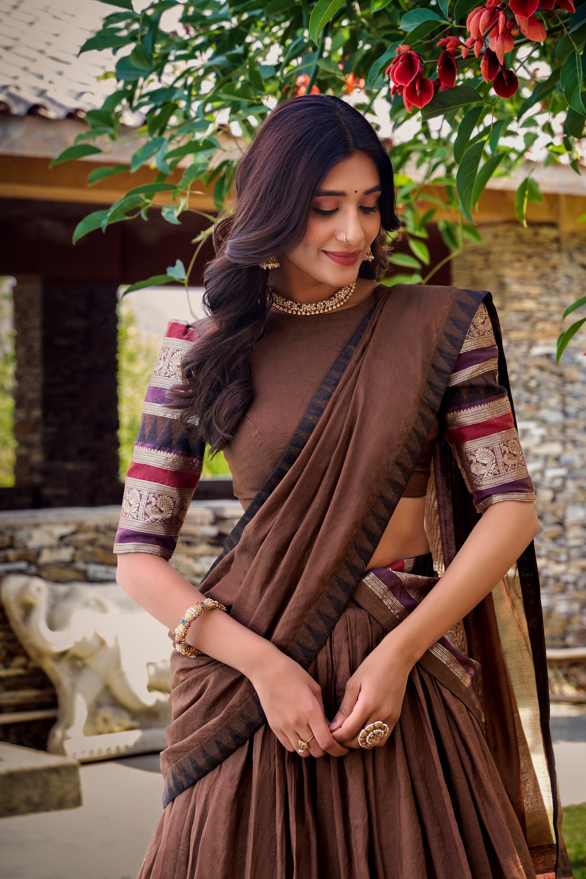 Lorenvalley Brown Pure Chanderi Plain With Zari Weaving Work Border Lehenga Choli with Dupatta | Swadesiicart