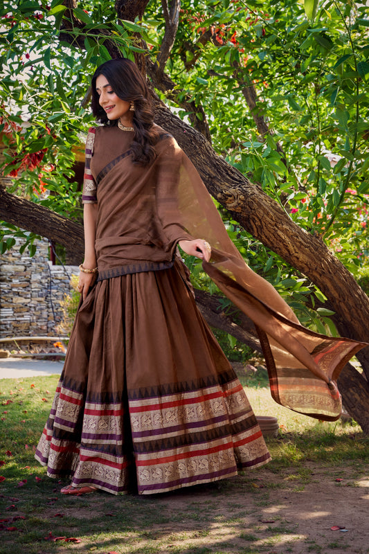 Lorenvalley Brown Pure Chanderi Plain With Zari Weaving Work Border Lehenga Choli with Dupatta | Swadesiicart