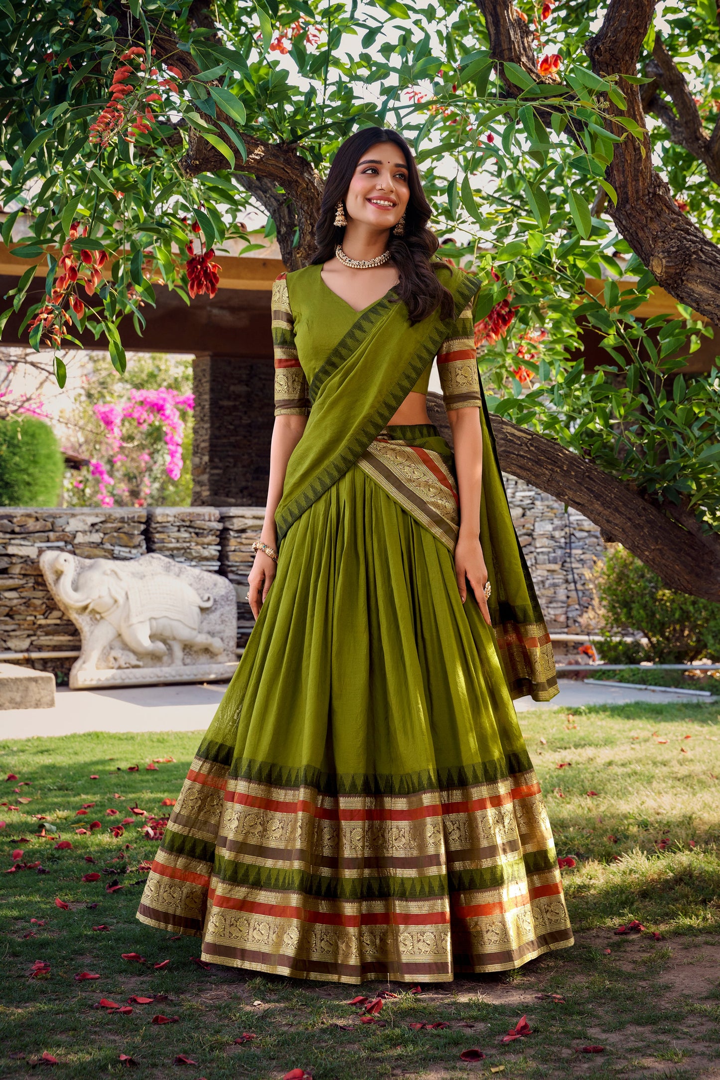 Lorenvalley Mehendi Pure Chanderi Plain With Zari Weaving Work Border Lehenga Choli with Dupatta | Swadesiicart