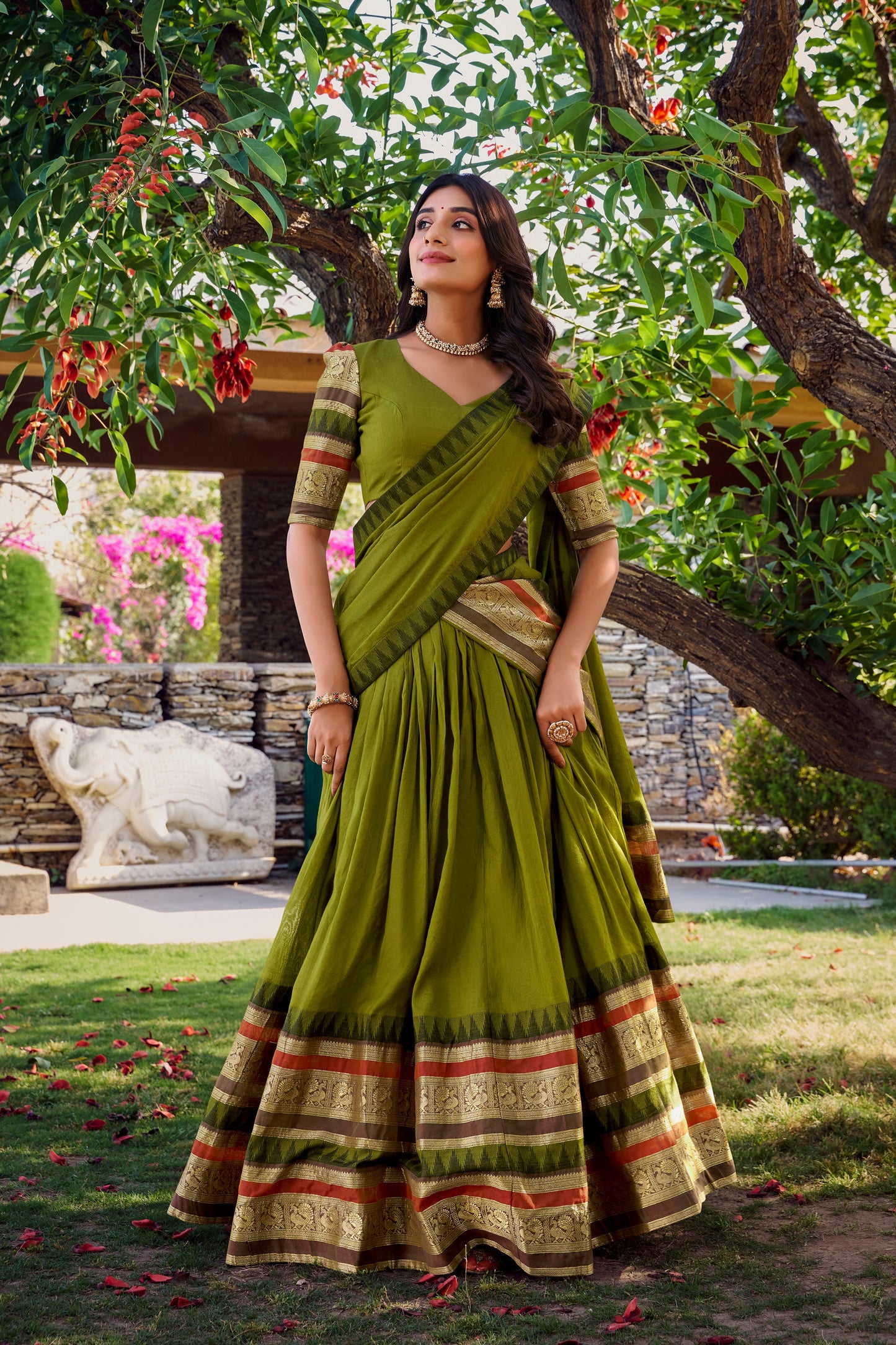 Lorenvalley Mehendi Pure Chanderi Plain With Zari Weaving Work Border Lehenga Choli with Dupatta | Swadesiicart