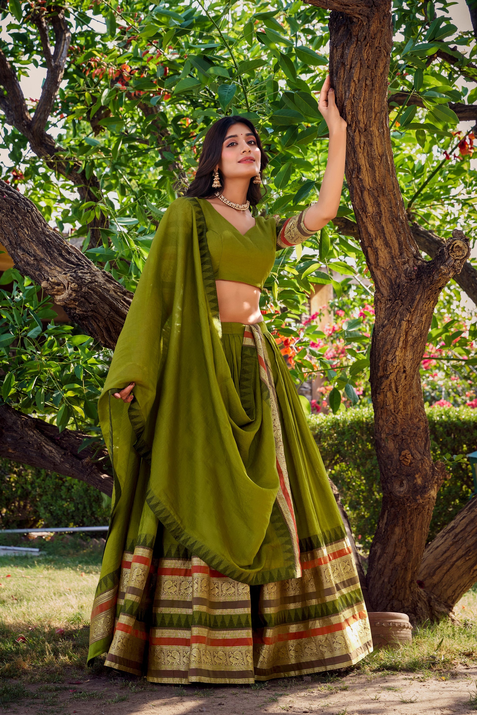 Lorenvalley Mehendi Pure Chanderi Plain With Zari Weaving Work Border Lehenga Choli with Dupatta | Swadesiicart