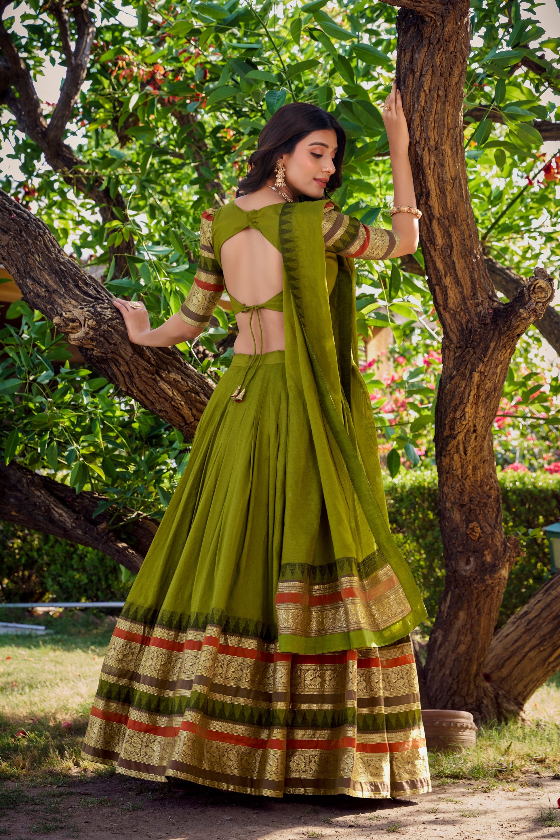 Lorenvalley Mehendi Pure Chanderi Plain With Zari Weaving Work Border Lehenga Choli with Dupatta | Swadesiicart