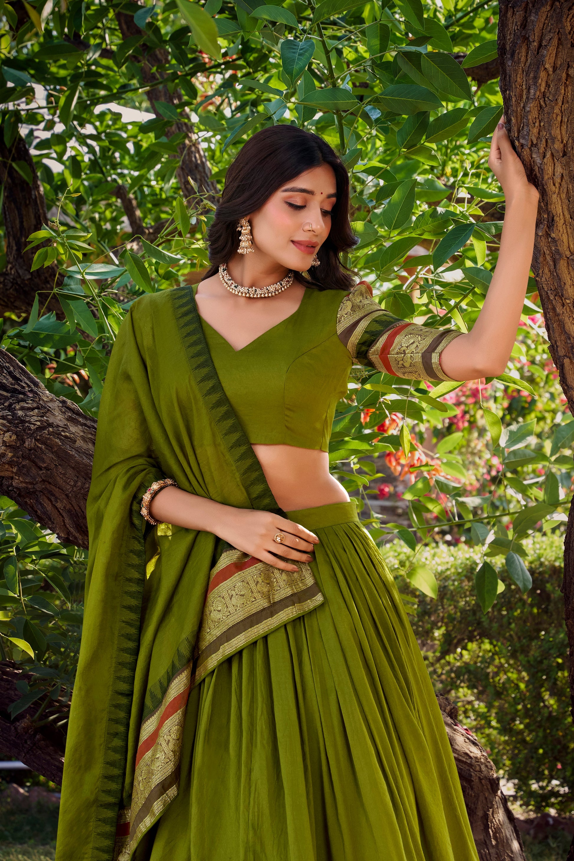 Lorenvalley Mehendi Pure Chanderi Plain With Zari Weaving Work Border Lehenga Choli with Dupatta | Swadesiicart