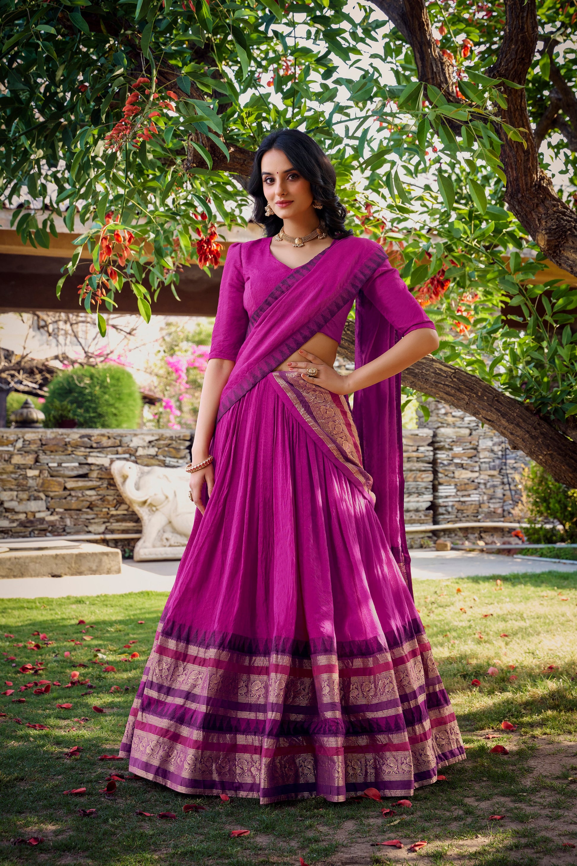 Lorenvalley Magenta Pure Chanderi Plain With Zari Weaving Work Border Lehenga Choli with Dupatta | Swadesiicart