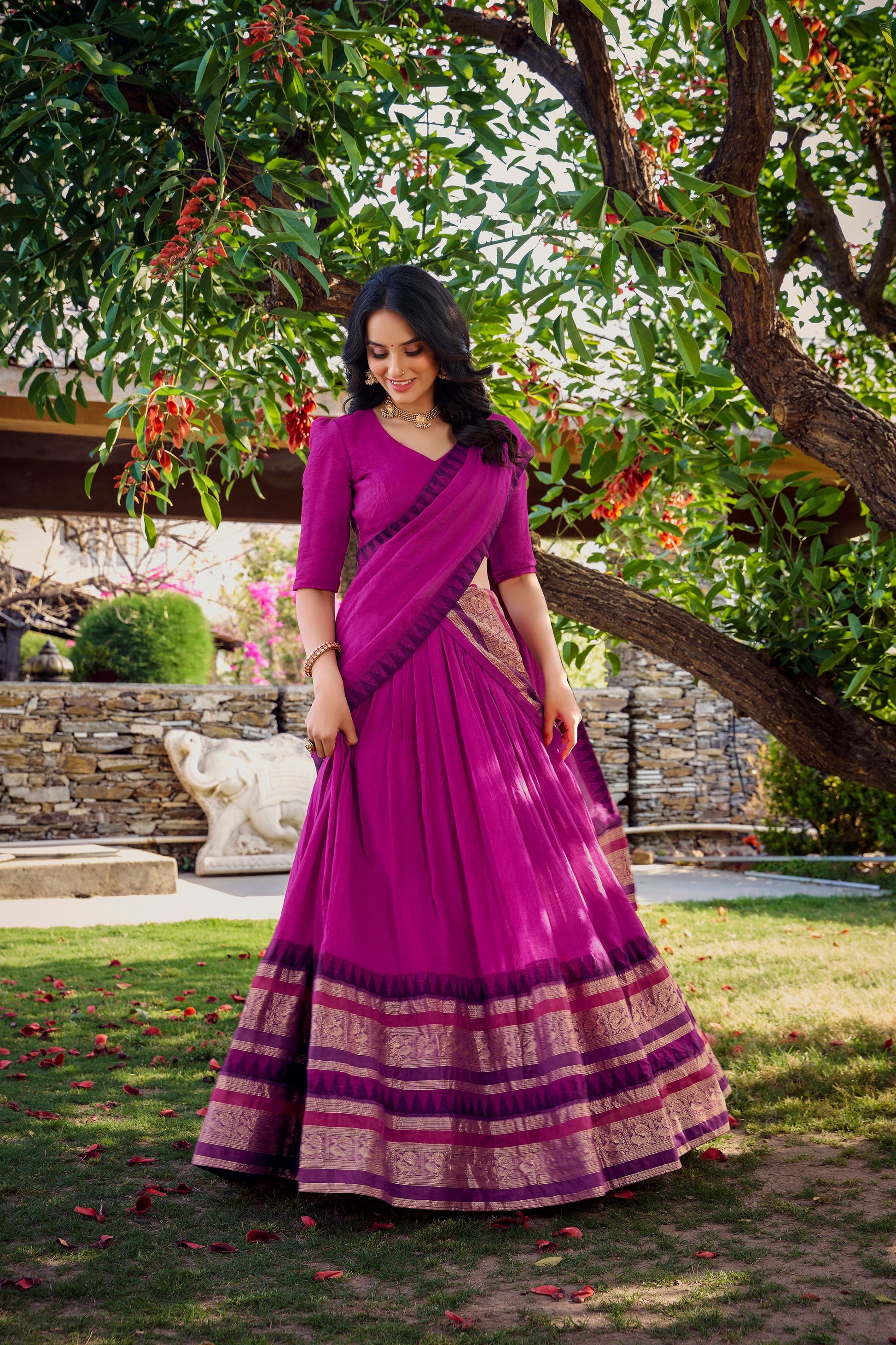Lorenvalley Magenta Pure Chanderi Plain With Zari Weaving Work Border Lehenga Choli with Dupatta | Swadesiicart