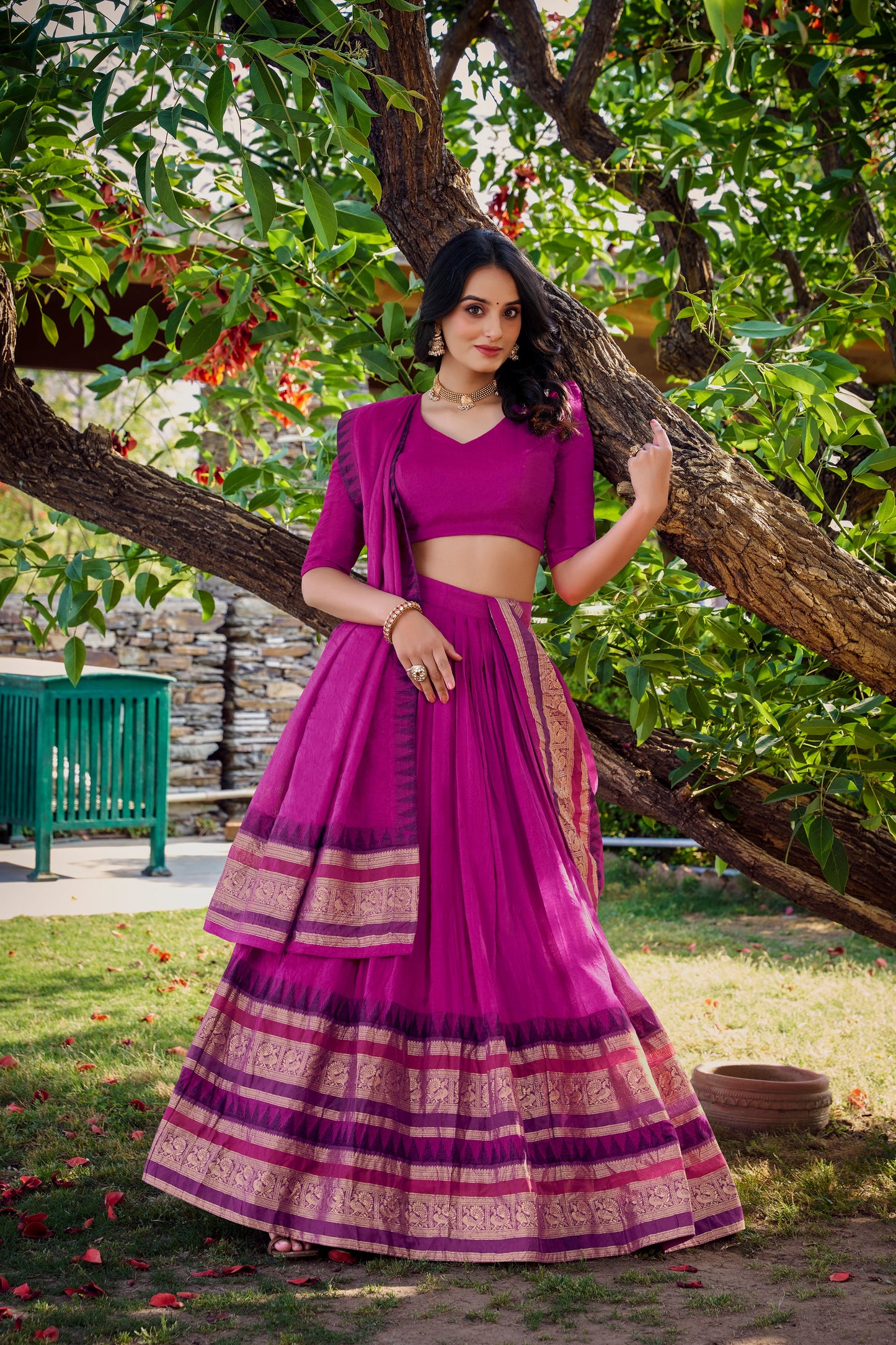 Lorenvalley Magenta Pure Chanderi Plain With Zari Weaving Work Border Lehenga Choli with Dupatta | Swadesiicart