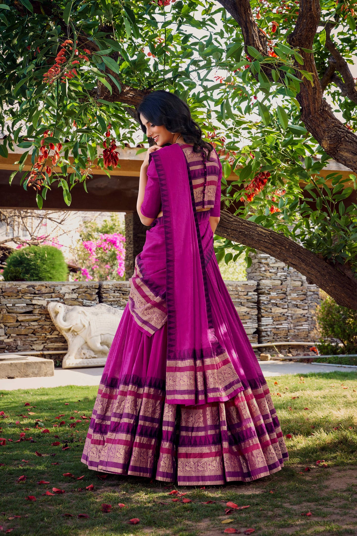 Lorenvalley Magenta Pure Chanderi Plain With Zari Weaving Work Border Lehenga Choli with Dupatta | Swadesiicart