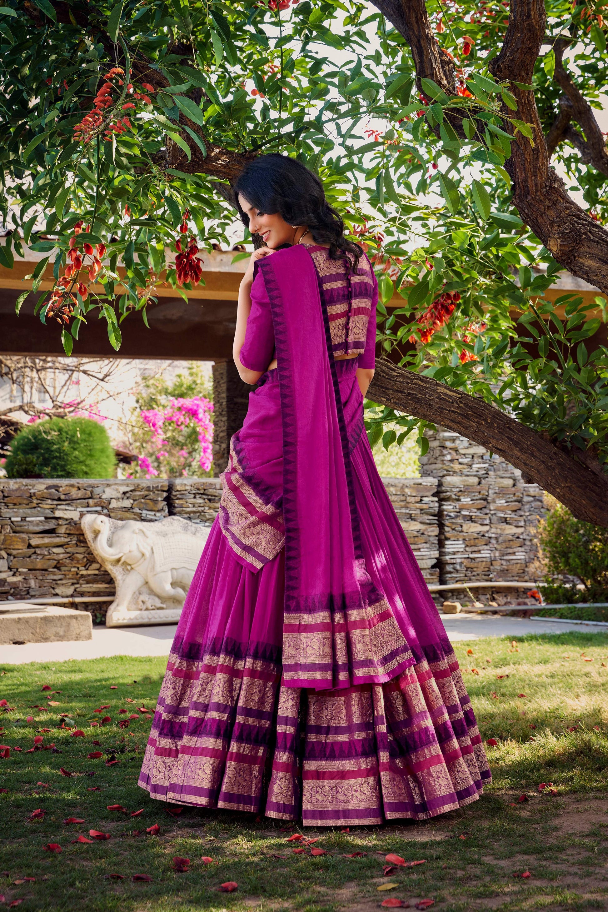 Lorenvalley Magenta Pure Chanderi Plain With Zari Weaving Work Border Lehenga Choli with Dupatta | Swadesiicart