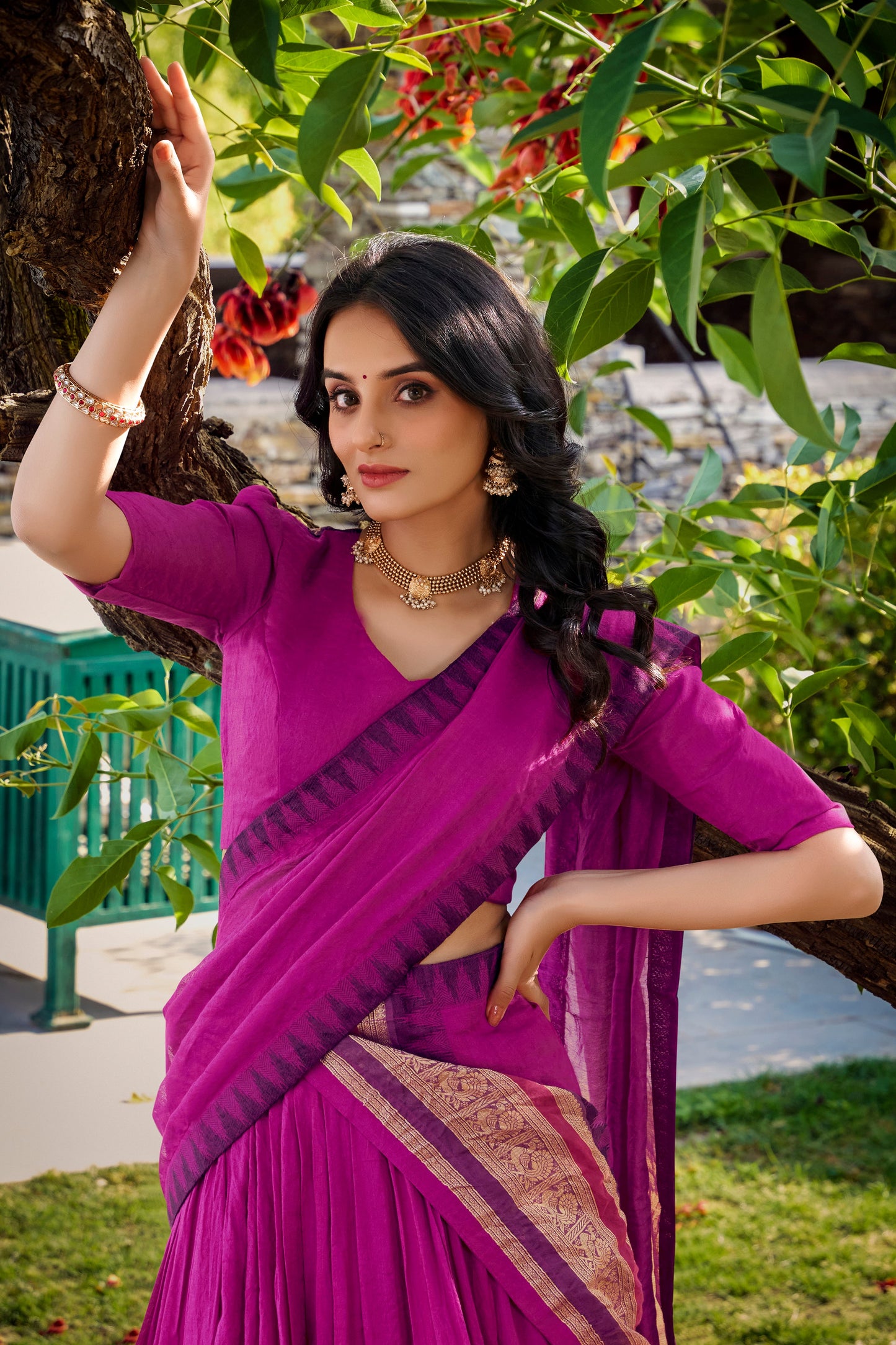 Lorenvalley Magenta Pure Chanderi Plain With Zari Weaving Work Border Lehenga Choli with Dupatta | Swadesiicart