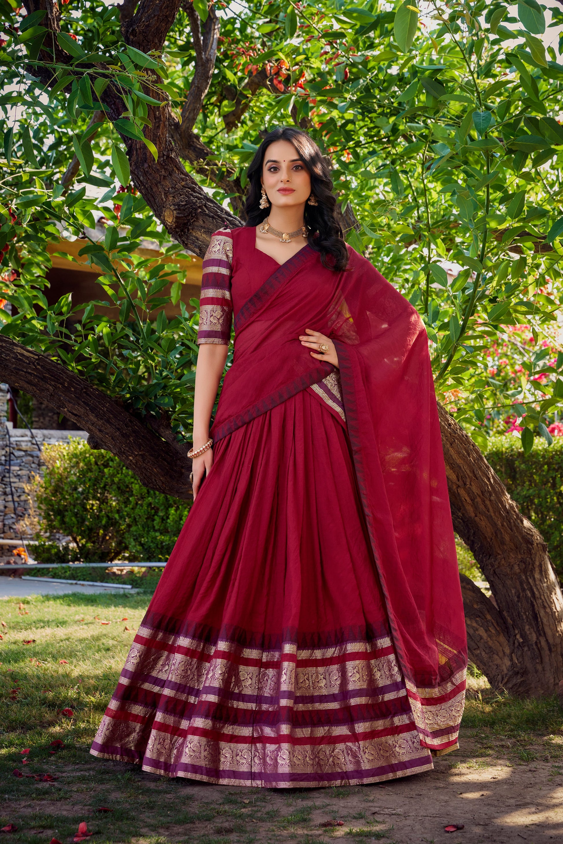 Lorenvalley Maroon Pure Chanderi Plain With Zari Weaving Work Border Lehenga Choli with Dupatta | Swadesiicart