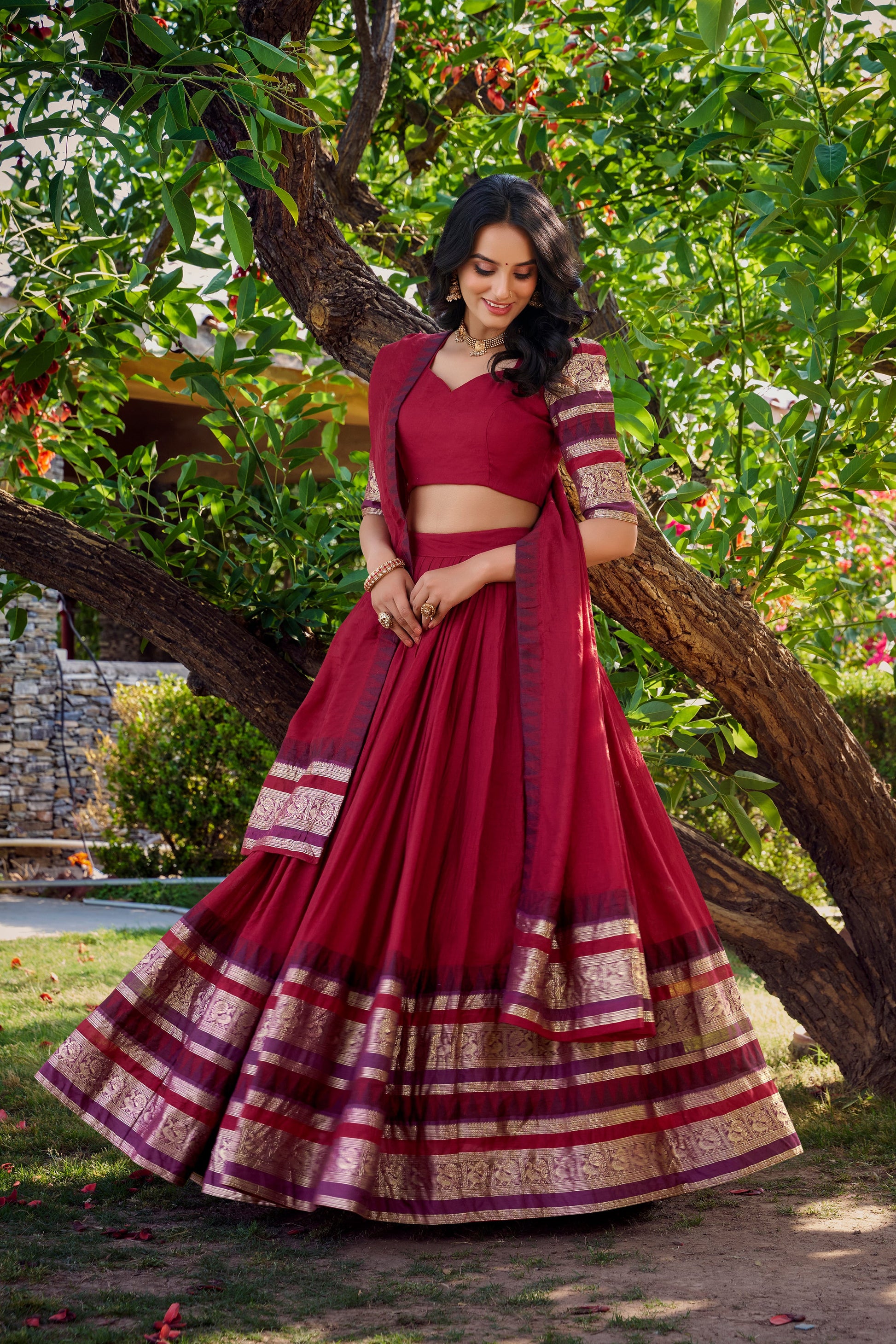 Lorenvalley Maroon Pure Chanderi Plain With Zari Weaving Work Border Lehenga Choli with Dupatta | Swadesiicart