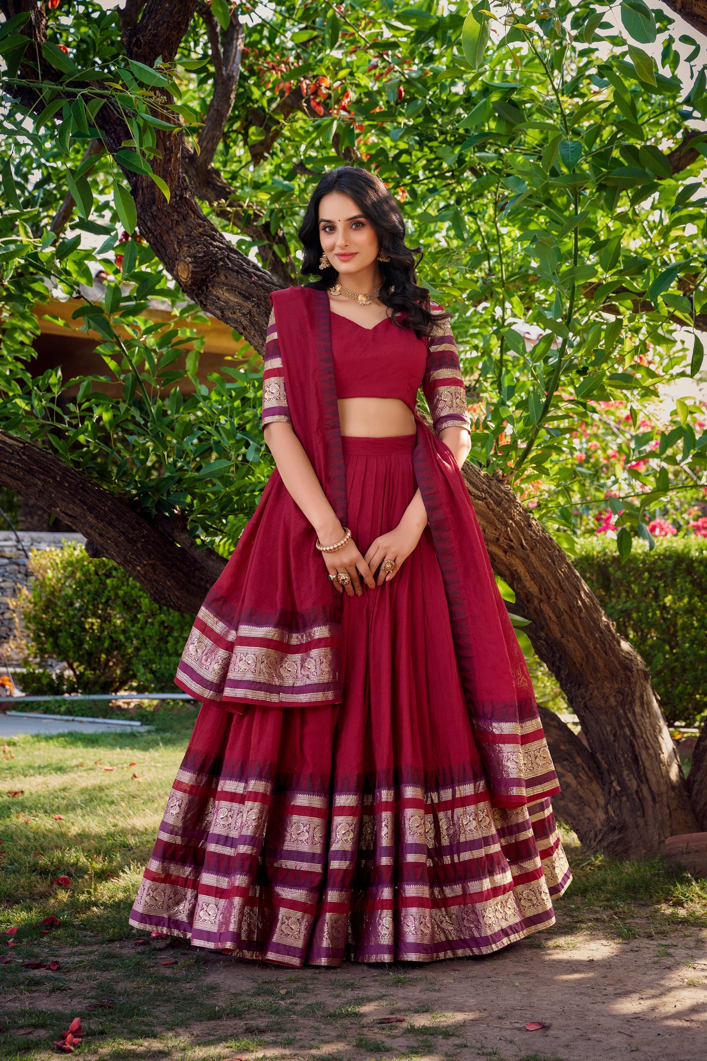 Lorenvalley Maroon Pure Chanderi Plain With Zari Weaving Work Border Lehenga Choli with Dupatta | Swadesiicart